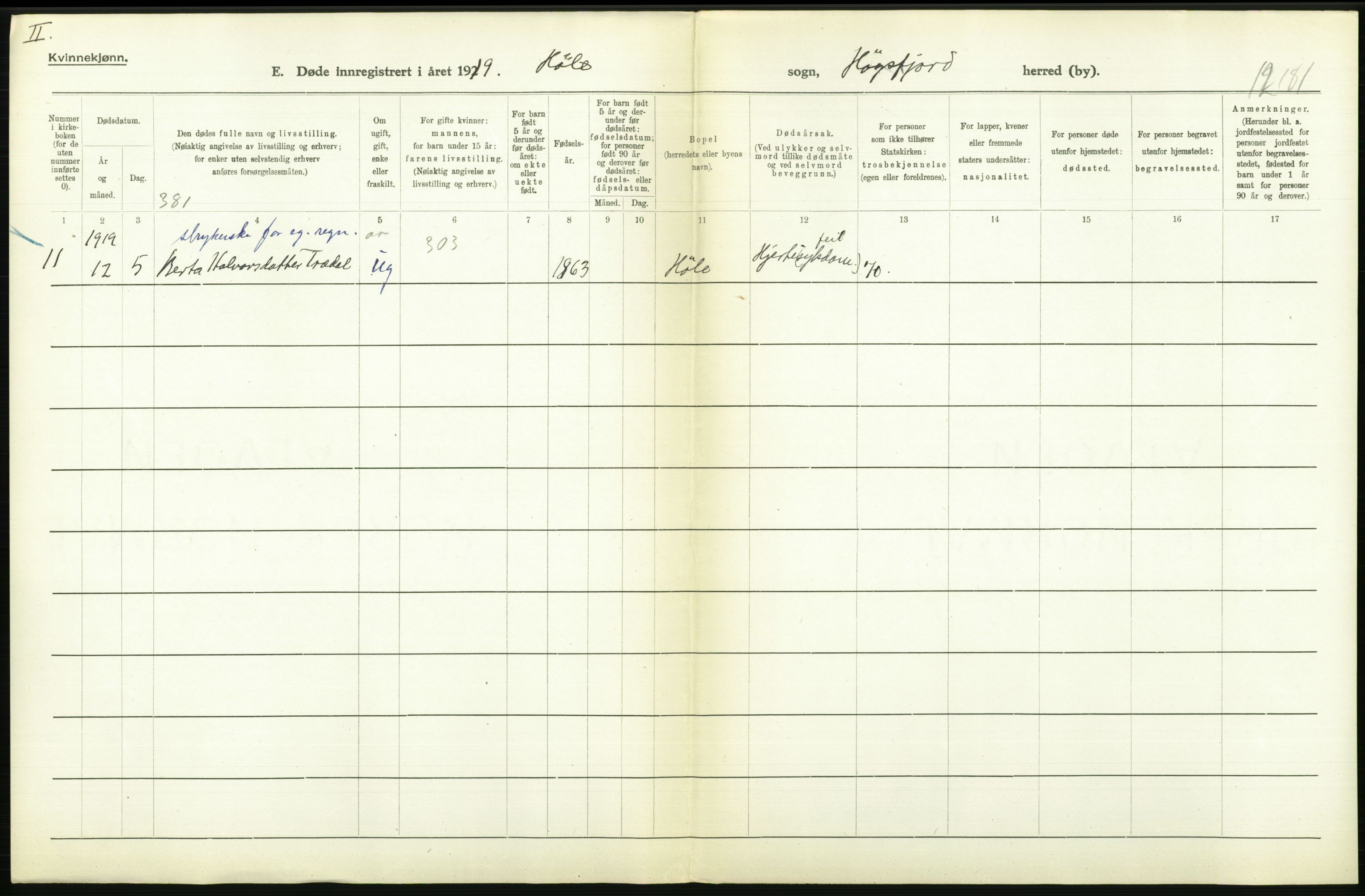 Statistisk sentralbyrå, Sosiodemografiske emner, Befolkning, AV/RA-S-2228/D/Df/Dfb/Dfbi/L0030: Rogaland fylke: Døde. Bygder og byer., 1919, p. 266