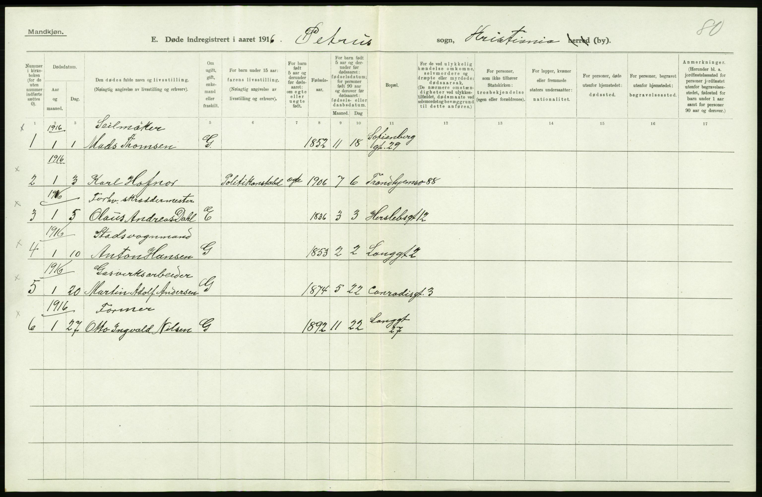 Statistisk sentralbyrå, Sosiodemografiske emner, Befolkning, AV/RA-S-2228/D/Df/Dfb/Dfbf/L0009: Kristiania: Døde., 1916, p. 76