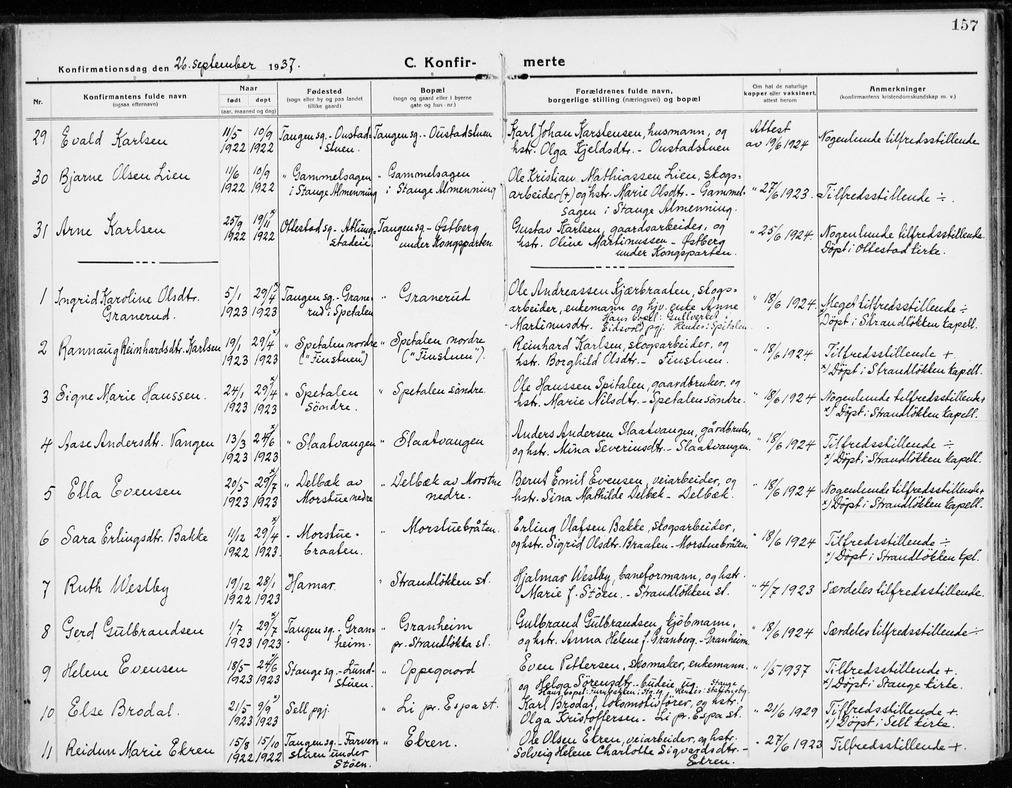 Stange prestekontor, SAH/PREST-002/K/L0025: Parish register (official) no. 25, 1921-1945, p. 157