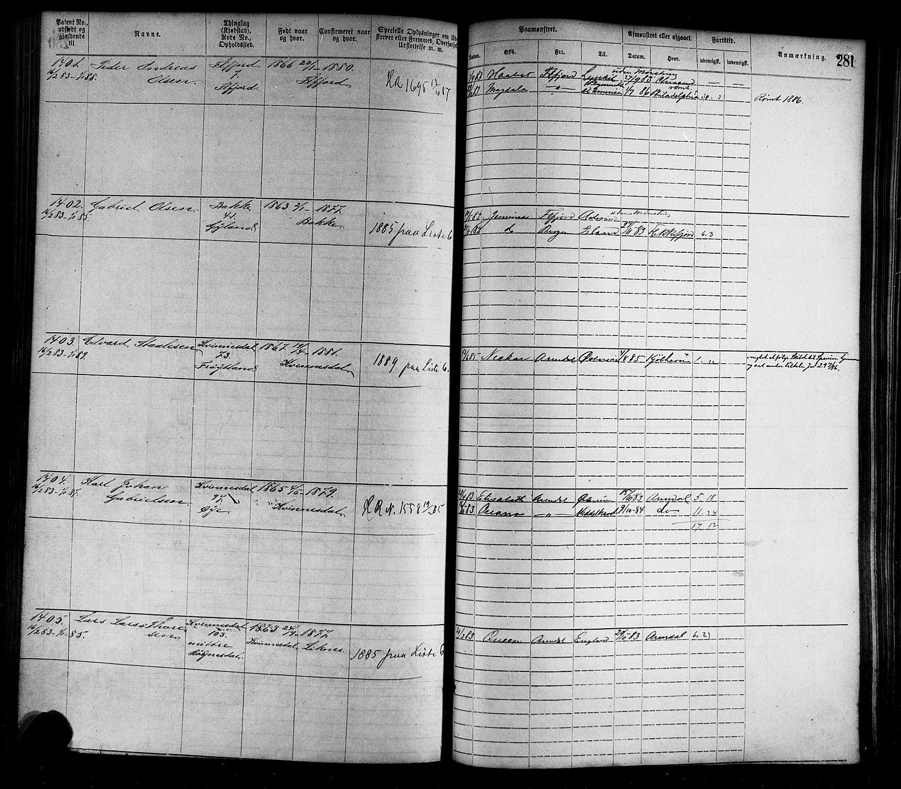 Flekkefjord mønstringskrets, SAK/2031-0018/F/Fa/L0002: Annotasjonsrulle nr 1-1920 med register, N-2, 1870-1891, p. 309