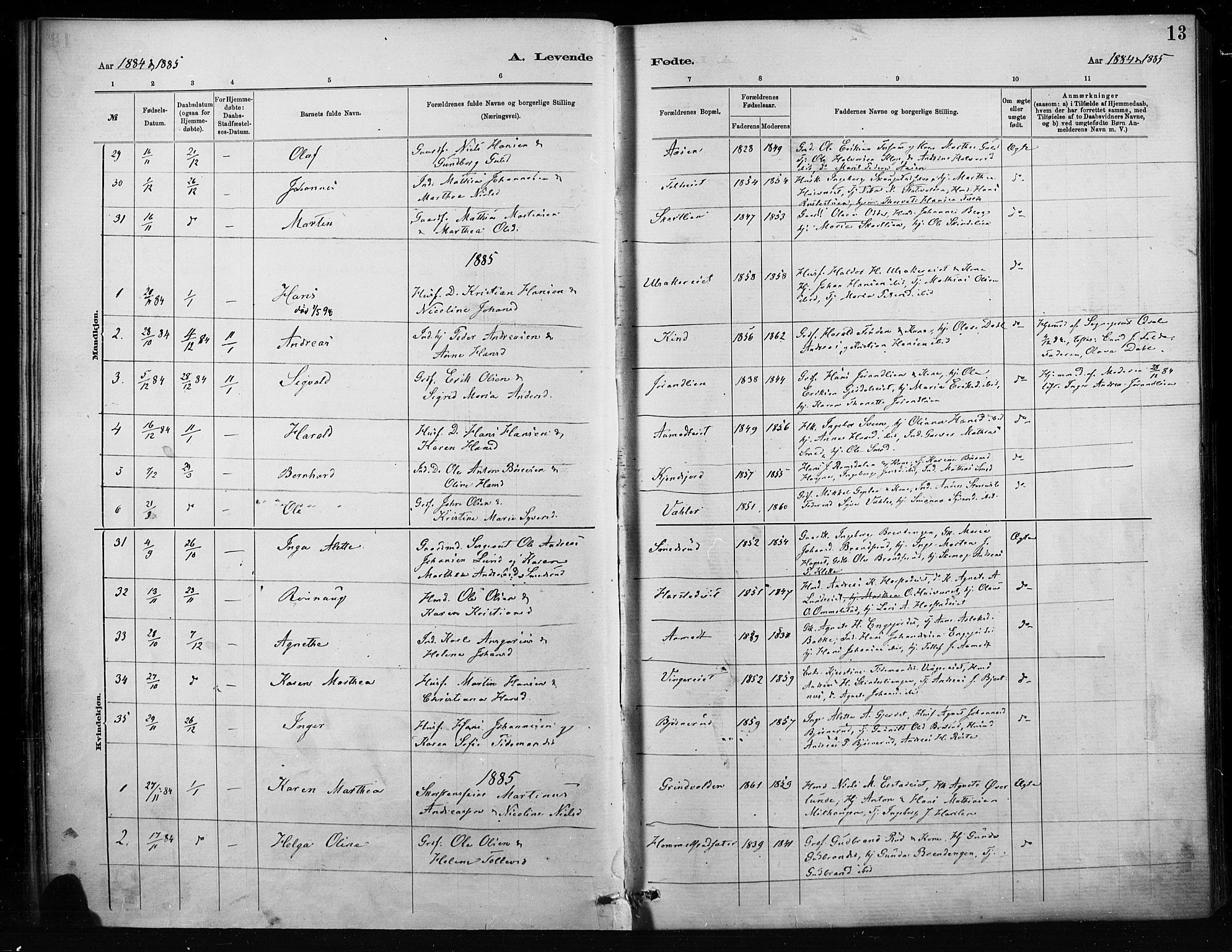 Nordre Land prestekontor, SAH/PREST-124/H/Ha/Haa/L0004: Parish register (official) no. 4, 1882-1896, p. 13
