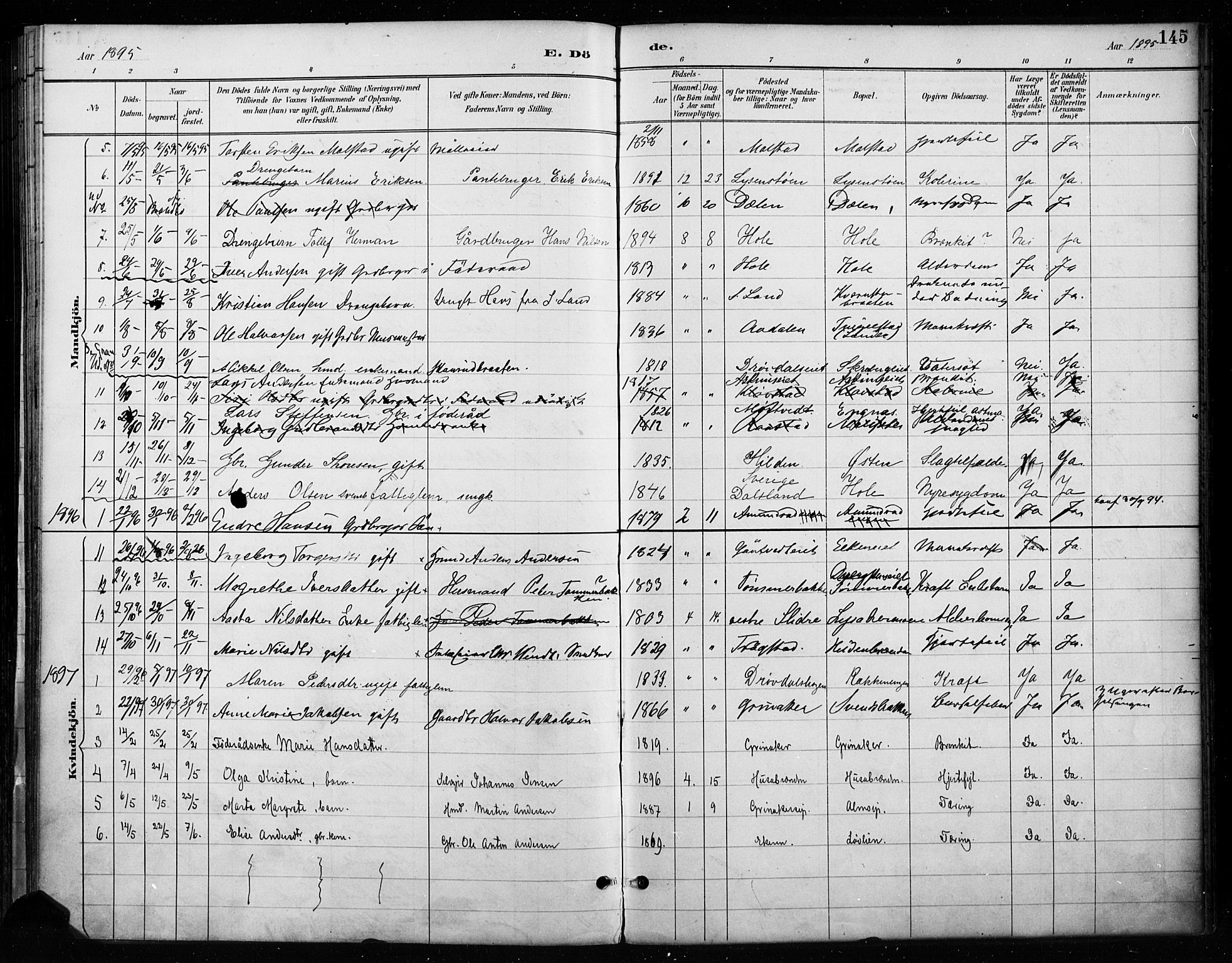 Gran prestekontor, SAH/PREST-112/H/Ha/Haa/L0018: Parish register (official) no. 18, 1889-1899, p. 145