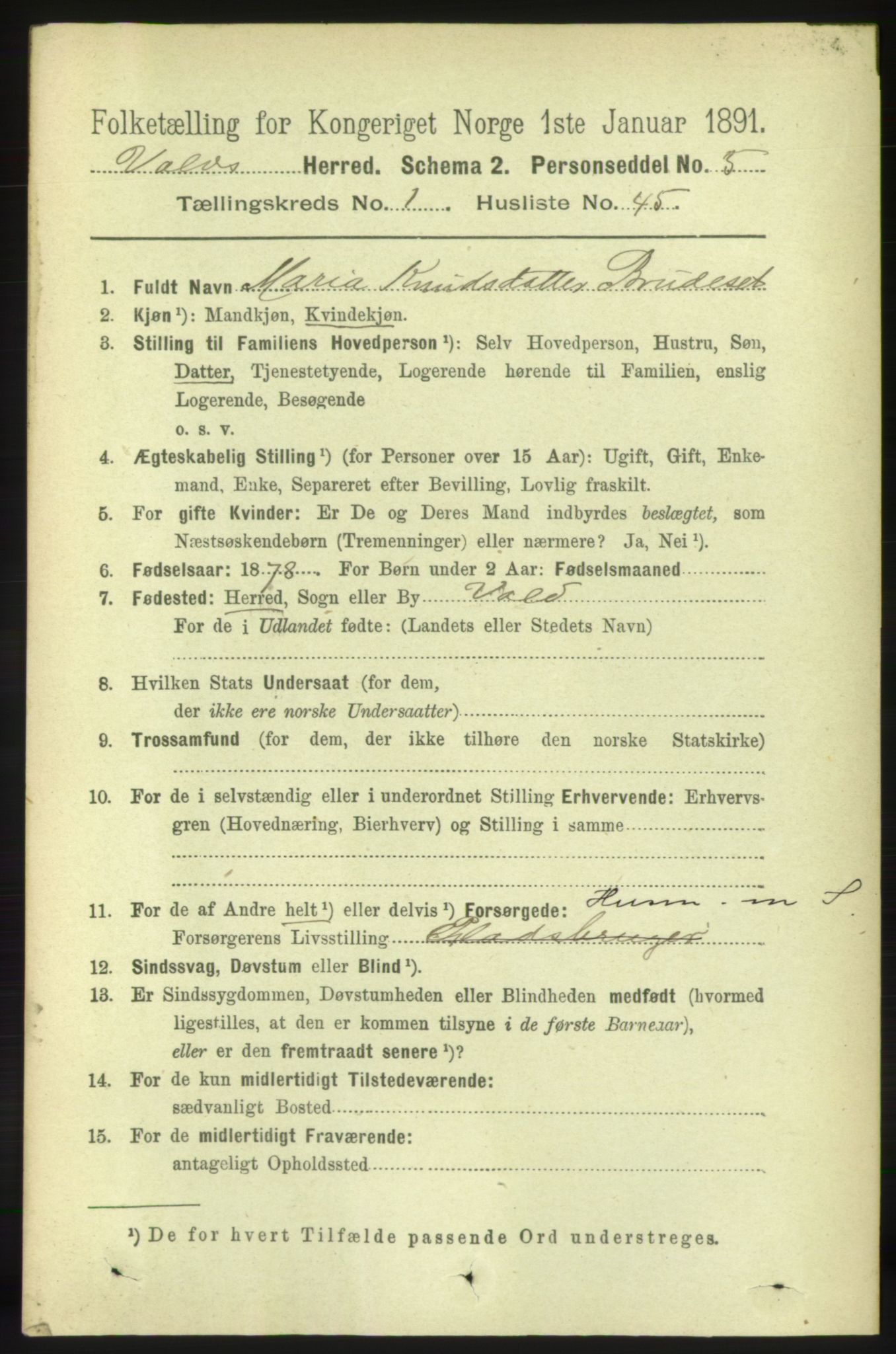 RA, 1891 census for 1537 Voll, 1891, p. 372