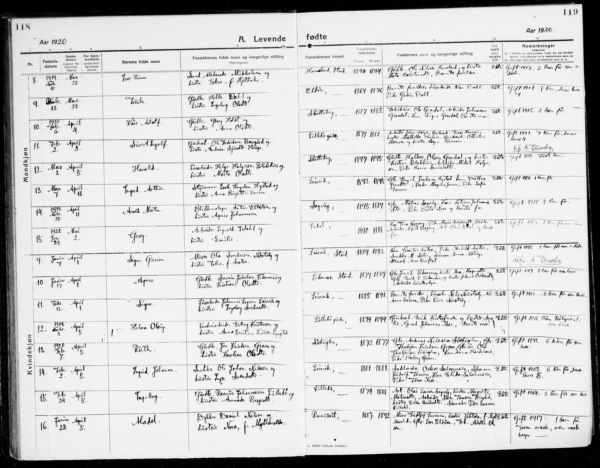Stord sokneprestembete, AV/SAB-A-78201/H/Haa: Parish register (official) no. B 3, 1913-1925, p. 118-119