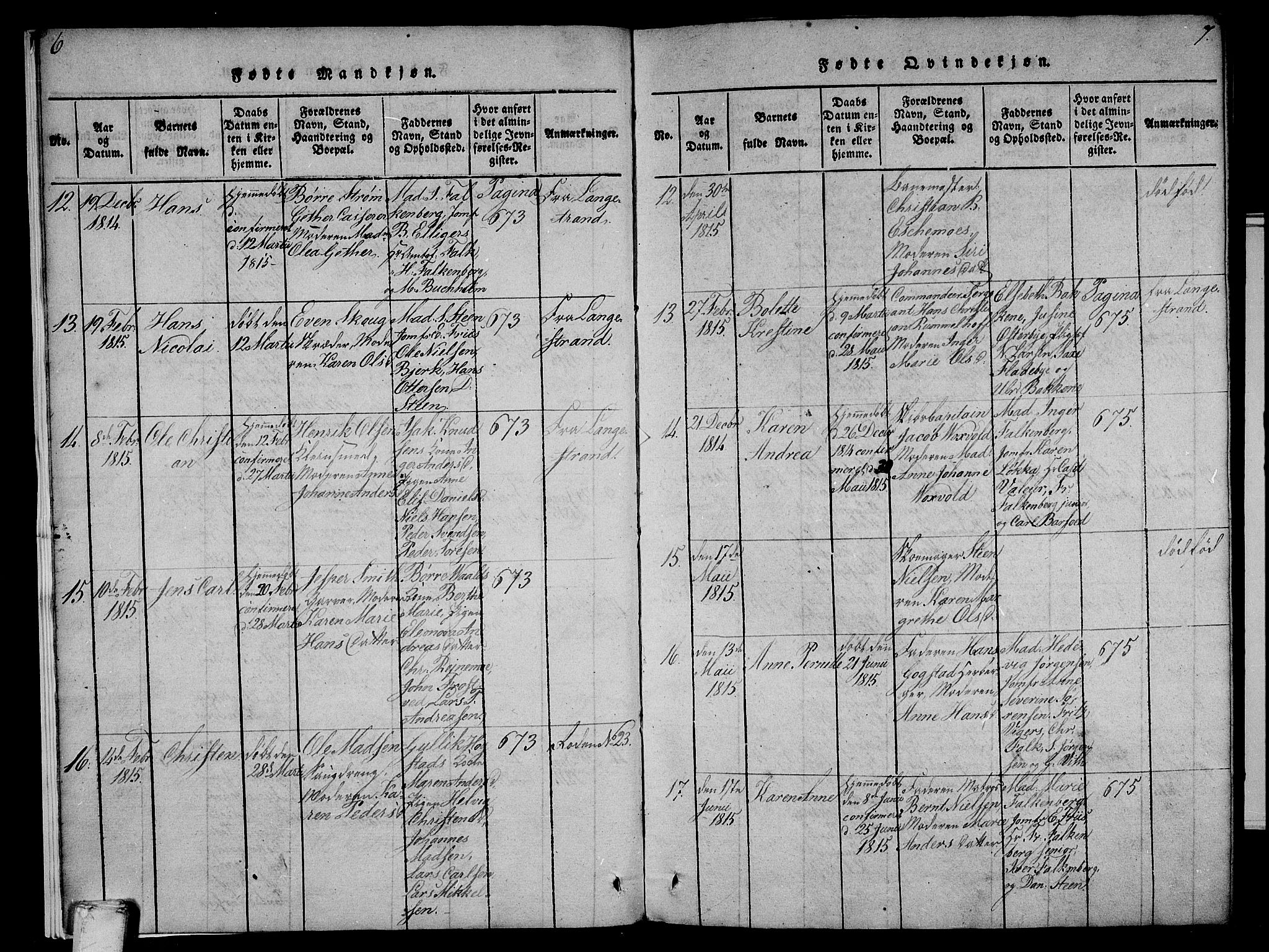 Larvik kirkebøker, AV/SAKO-A-352/F/Fa/L0001: Parish register (official) no. I 1, 1814-1825, p. 6-7