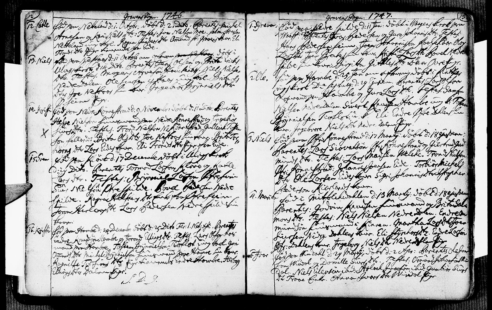 Ulvik sokneprestembete, SAB/A-78801/H/Haa: Parish register (official) no. A 6, 1743-1761, p. 12-13