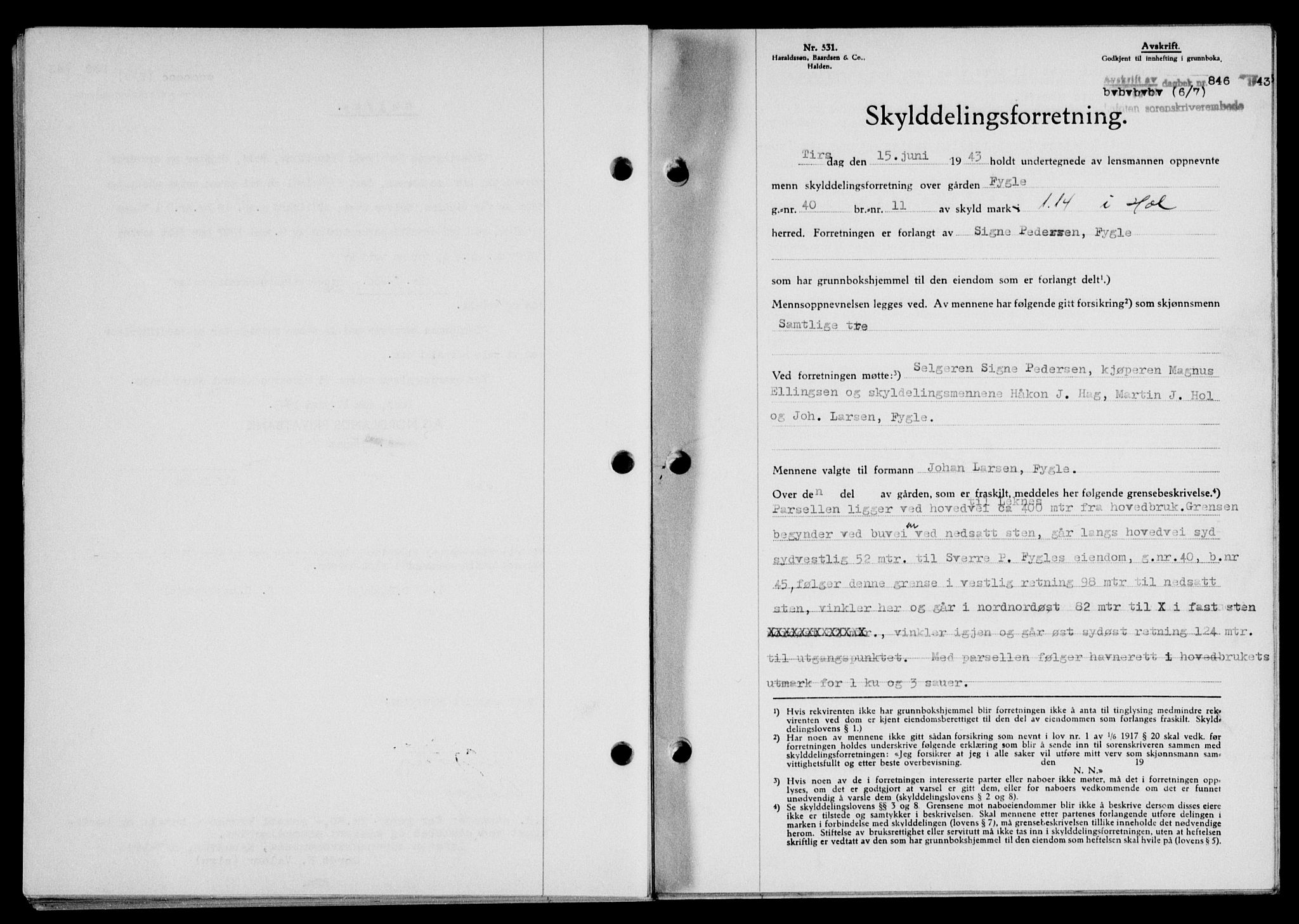 Lofoten sorenskriveri, SAT/A-0017/1/2/2C/L0011a: Mortgage book no. 11a, 1943-1943, Diary no: : 846/1943