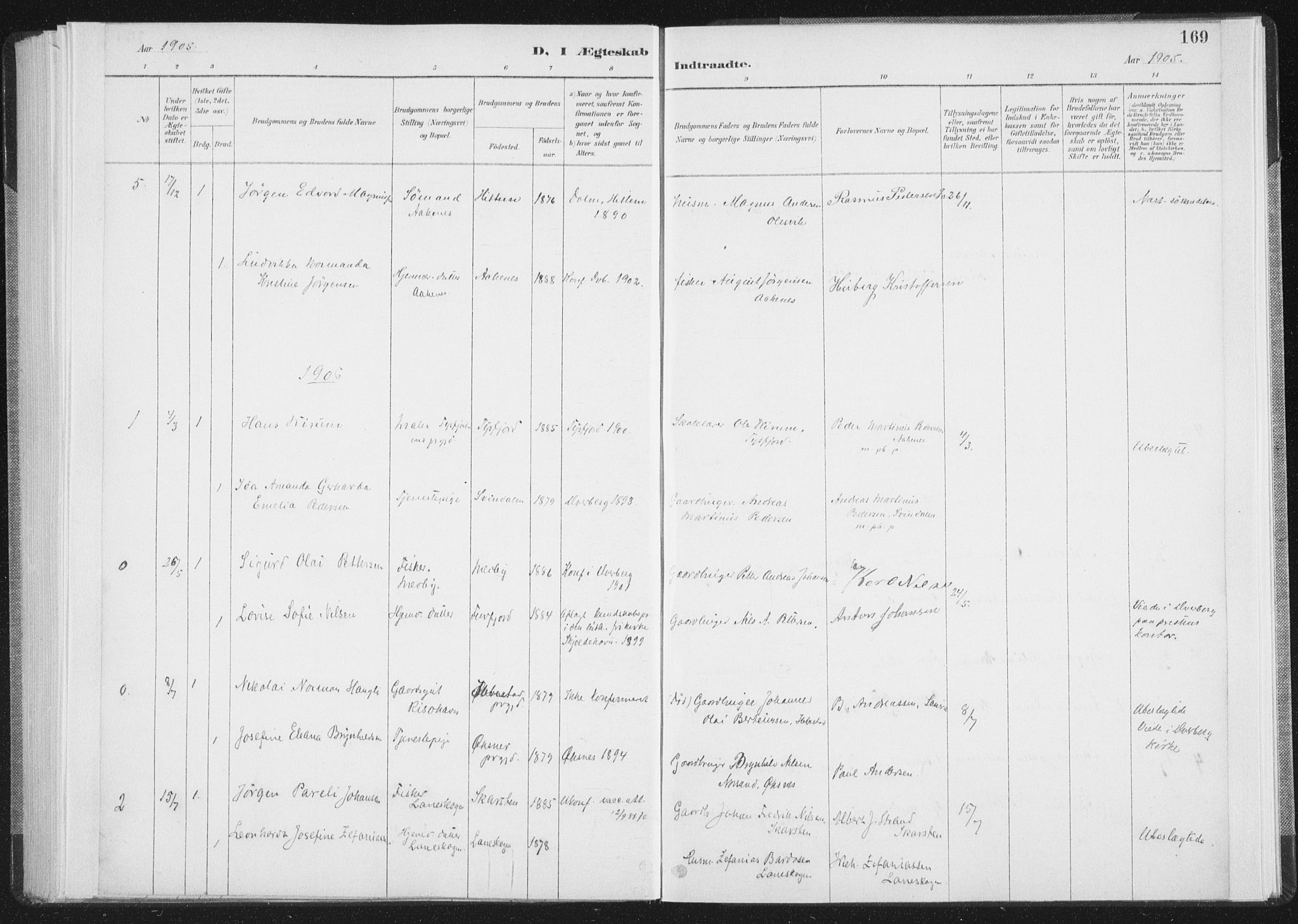 Ministerialprotokoller, klokkerbøker og fødselsregistre - Nordland, SAT/A-1459/898/L1422: Parish register (official) no. 898A02, 1887-1908, p. 169