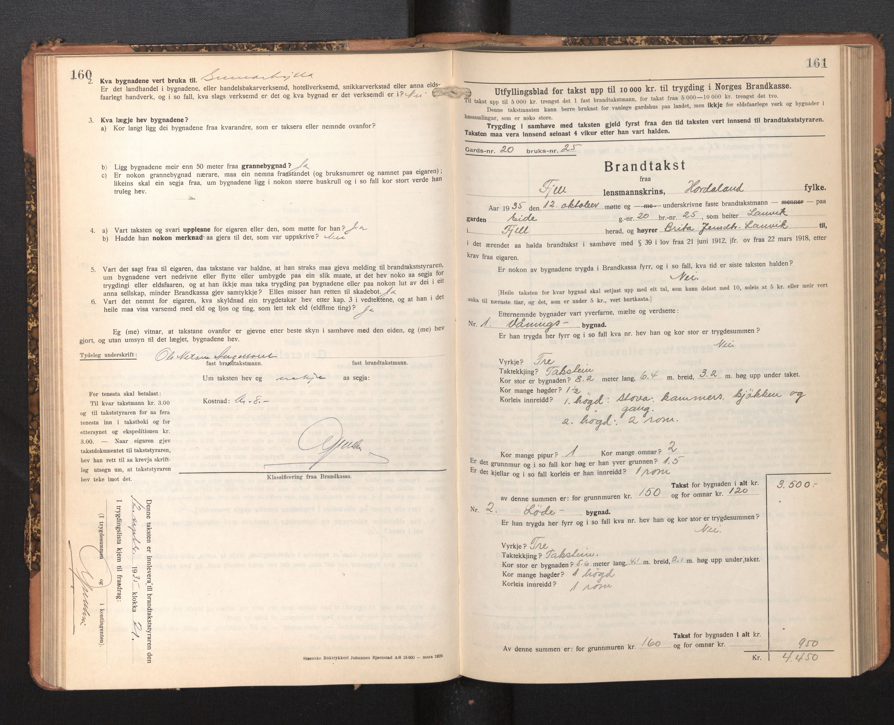 Lensmannen i Fjell, AV/SAB-A-32301/0012/L0006: Branntakstprotokoll, skjematakst, 1931-1945, p. 160-161