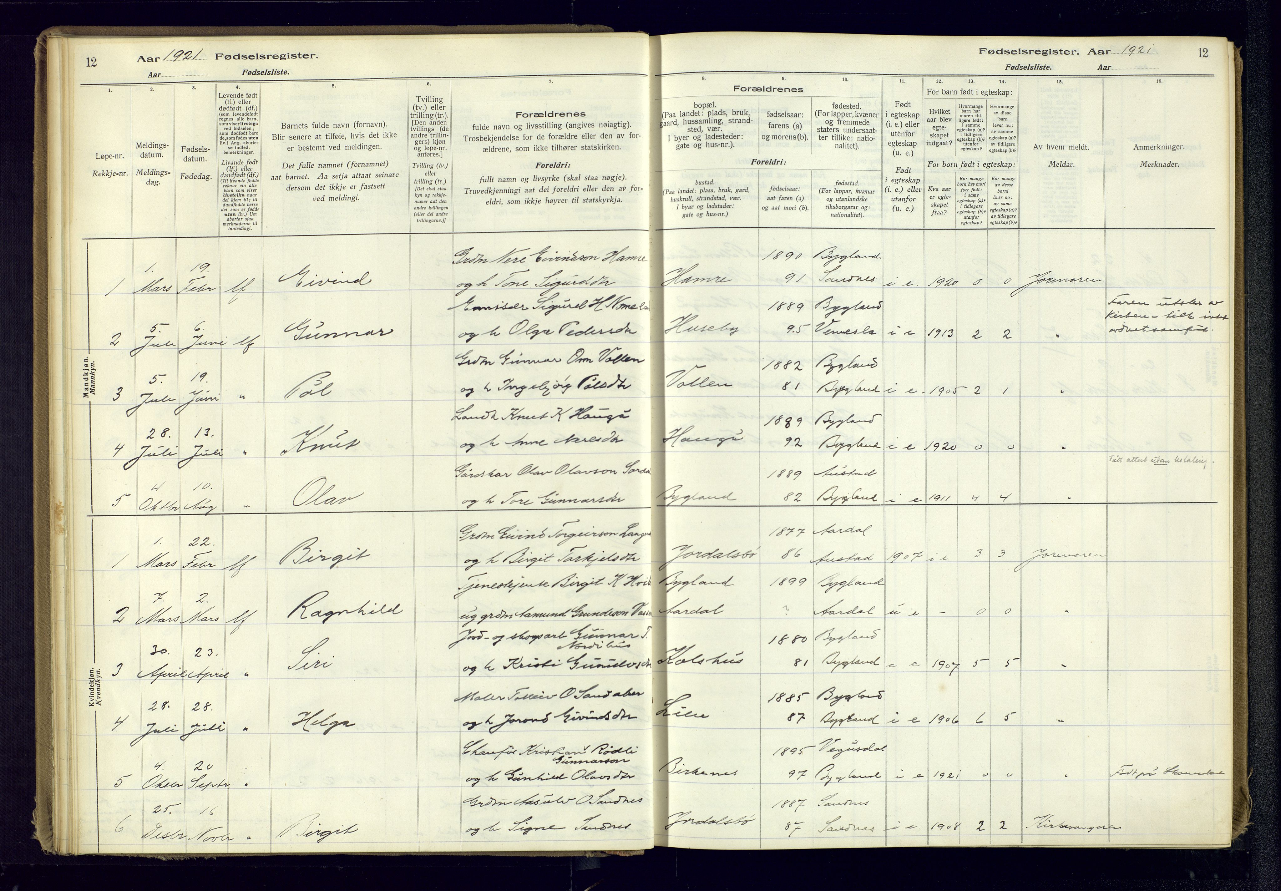 Bygland sokneprestkontor, SAK/1111-0006/J/Ja/L0001: Birth register no. II.4.2, 1916-1982, p. 12