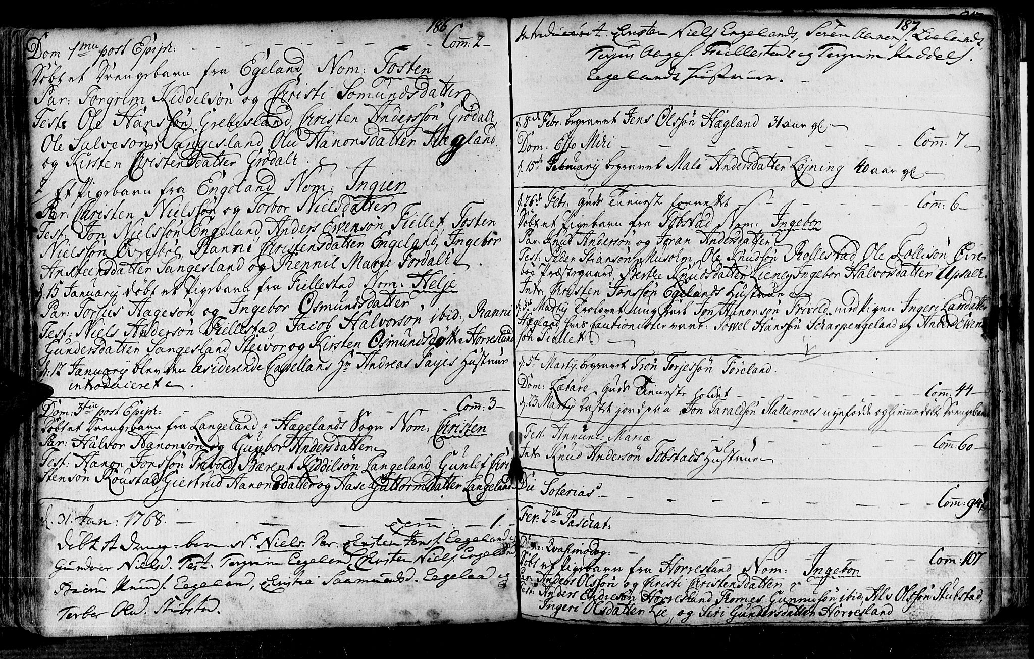 Vennesla sokneprestkontor, SAK/1111-0045/Fa/Fac/L0001: Parish register (official) no. A 1, 1743-1784, p. 186-187