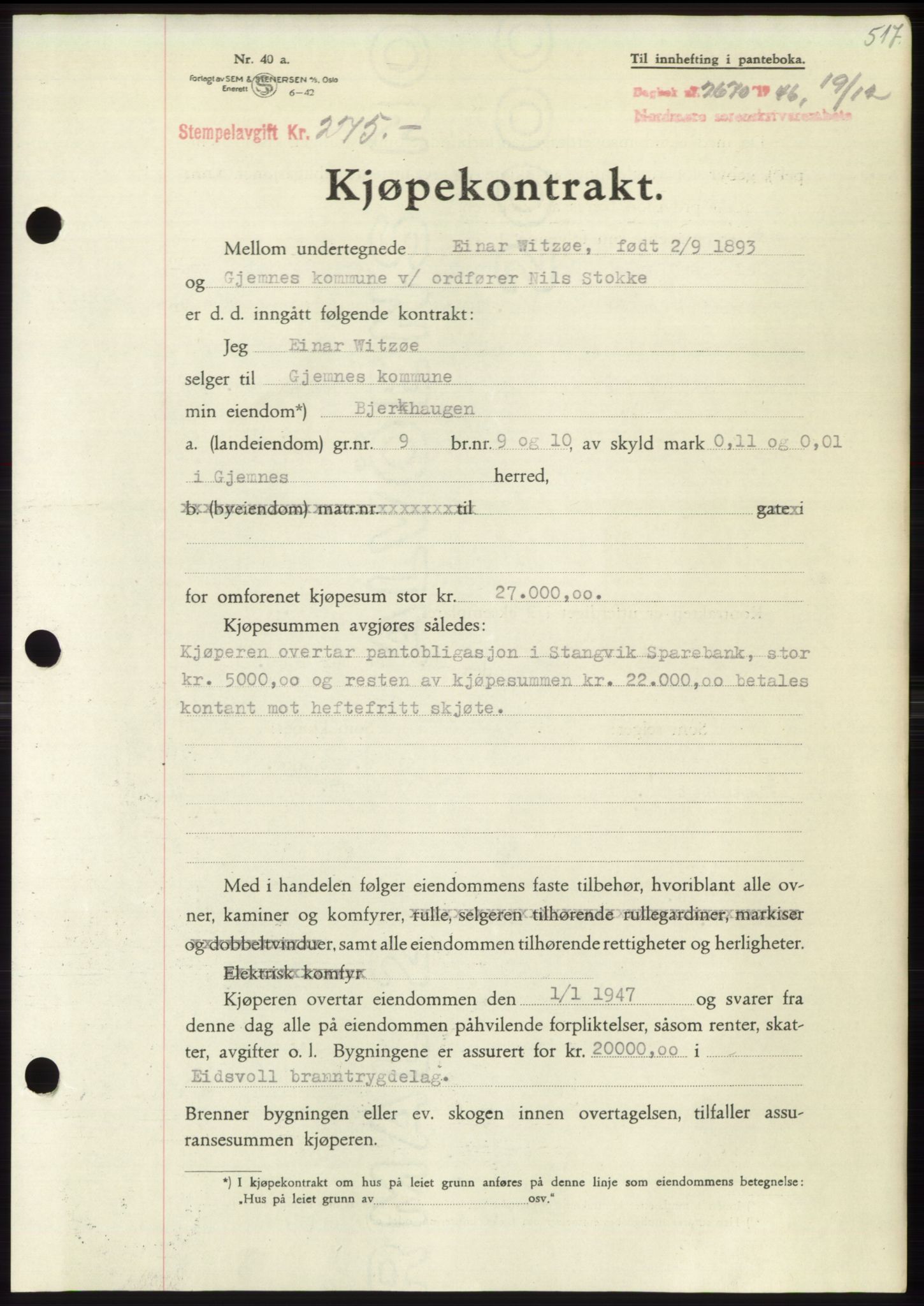 Nordmøre sorenskriveri, AV/SAT-A-4132/1/2/2Ca: Mortgage book no. B95, 1946-1947, Diary no: : 2670/1946