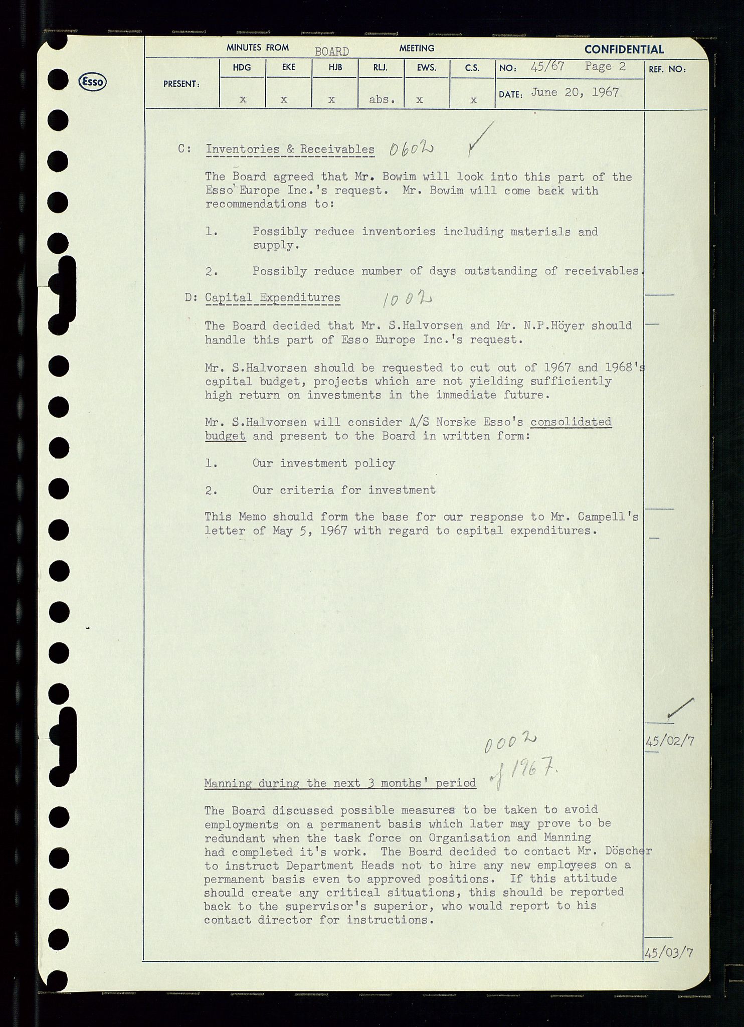 Pa 0982 - Esso Norge A/S, AV/SAST-A-100448/A/Aa/L0002/0003: Den administrerende direksjon Board minutes (styrereferater) / Den administrerende direksjon Board minutes (styrereferater), 1967, p. 91