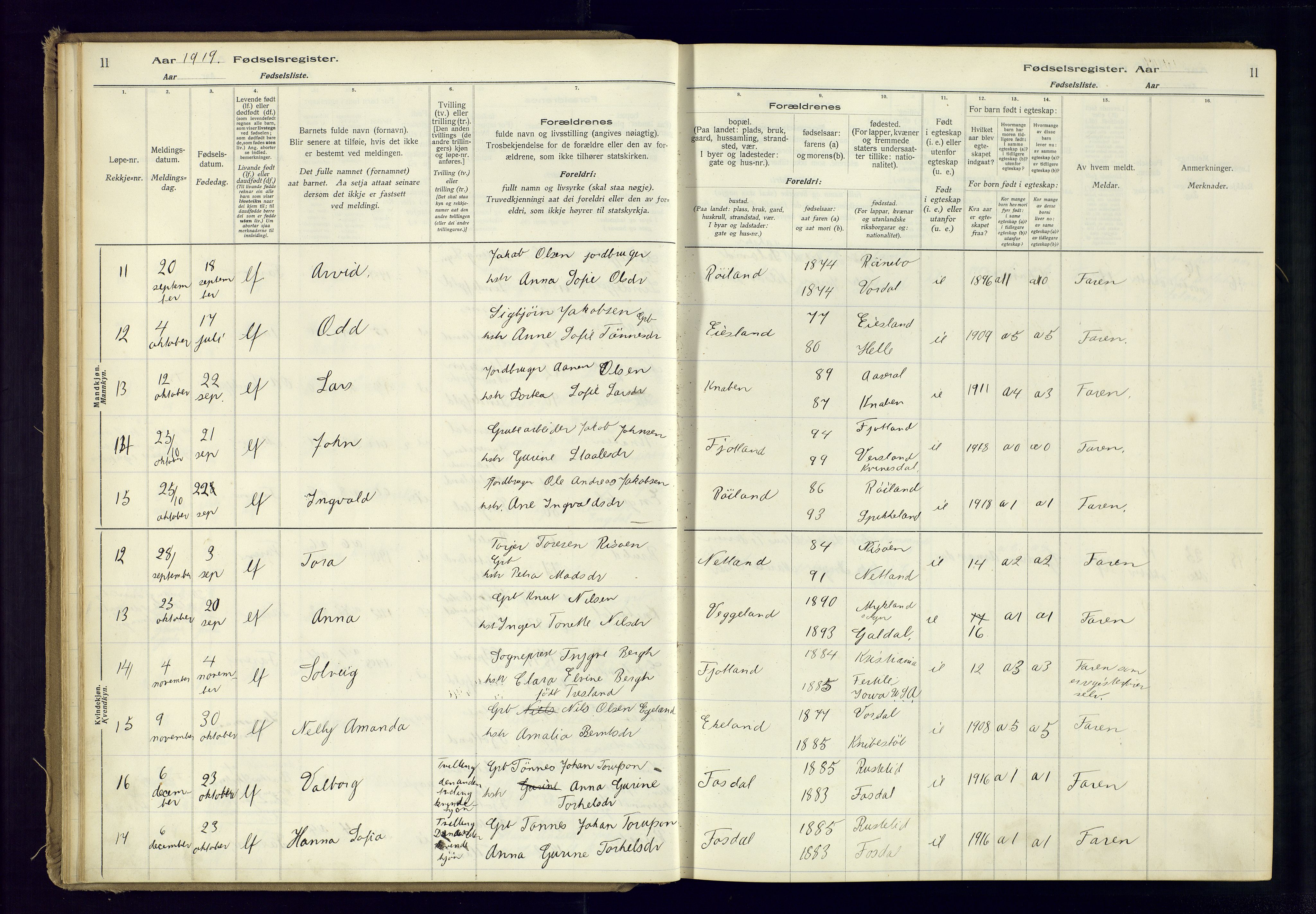 Fjotland sokneprestkontor, AV/SAK-1111-0010/J/Ja/L0001: Birth register no. 1, 1916-1981, p. 11