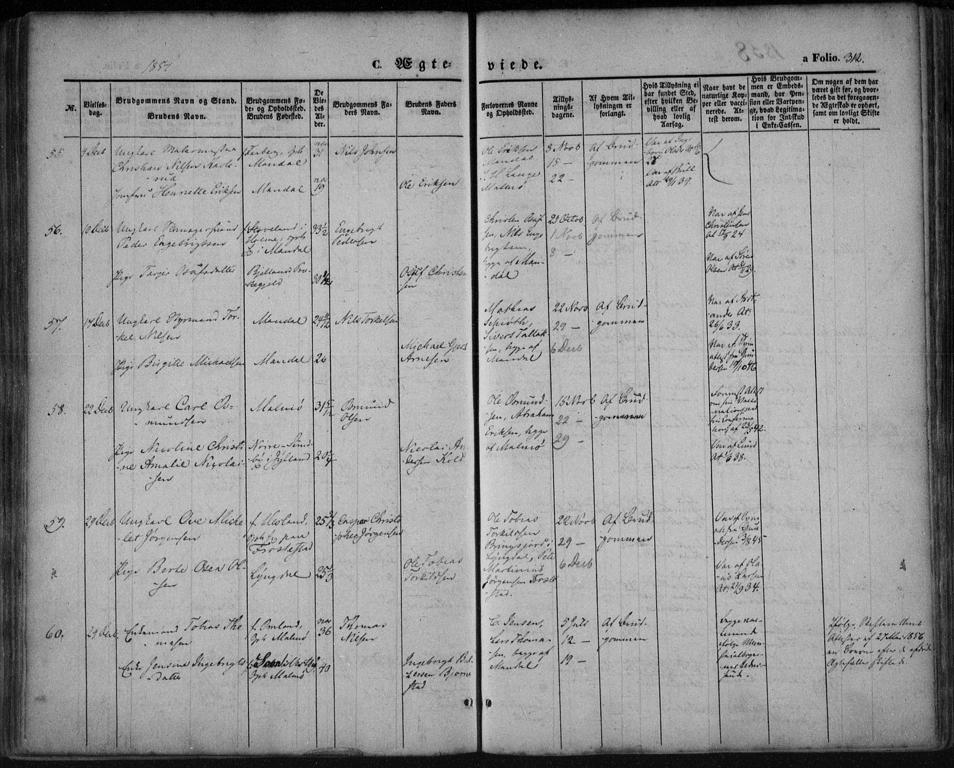 Mandal sokneprestkontor, AV/SAK-1111-0030/F/Fa/Faa/L0013: Parish register (official) no. A 13, 1847-1859, p. 312