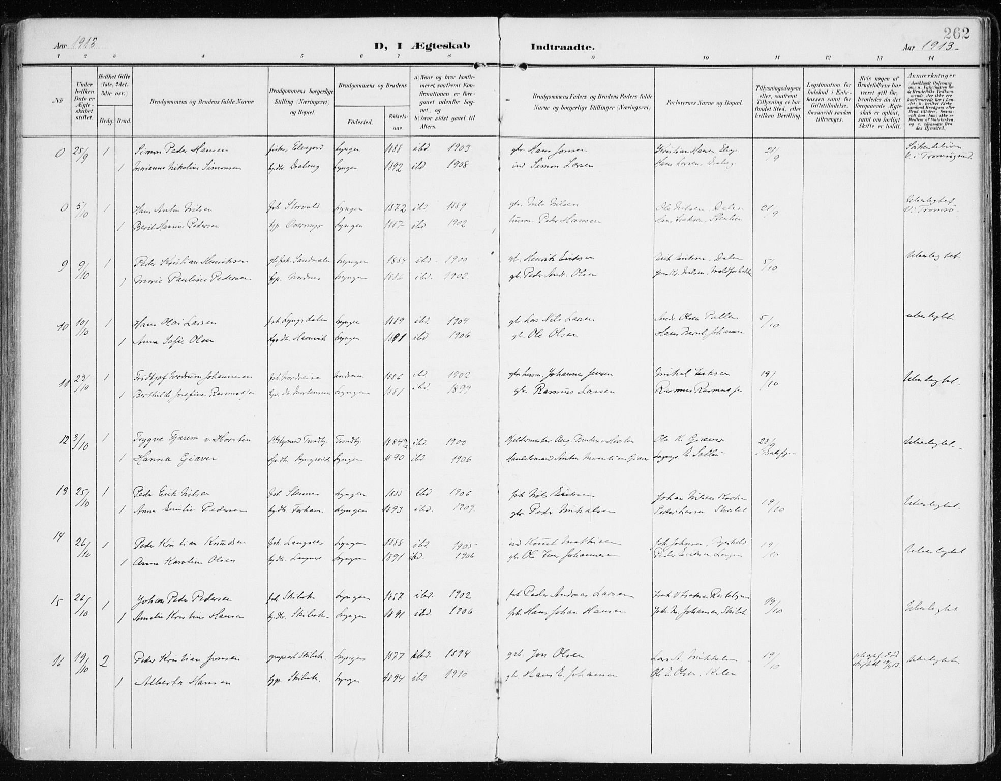 Lyngen sokneprestembete, SATØ/S-1289/H/He/Hea/L0011kirke: Parish register (official) no. 11, 1903-1913, p. 262