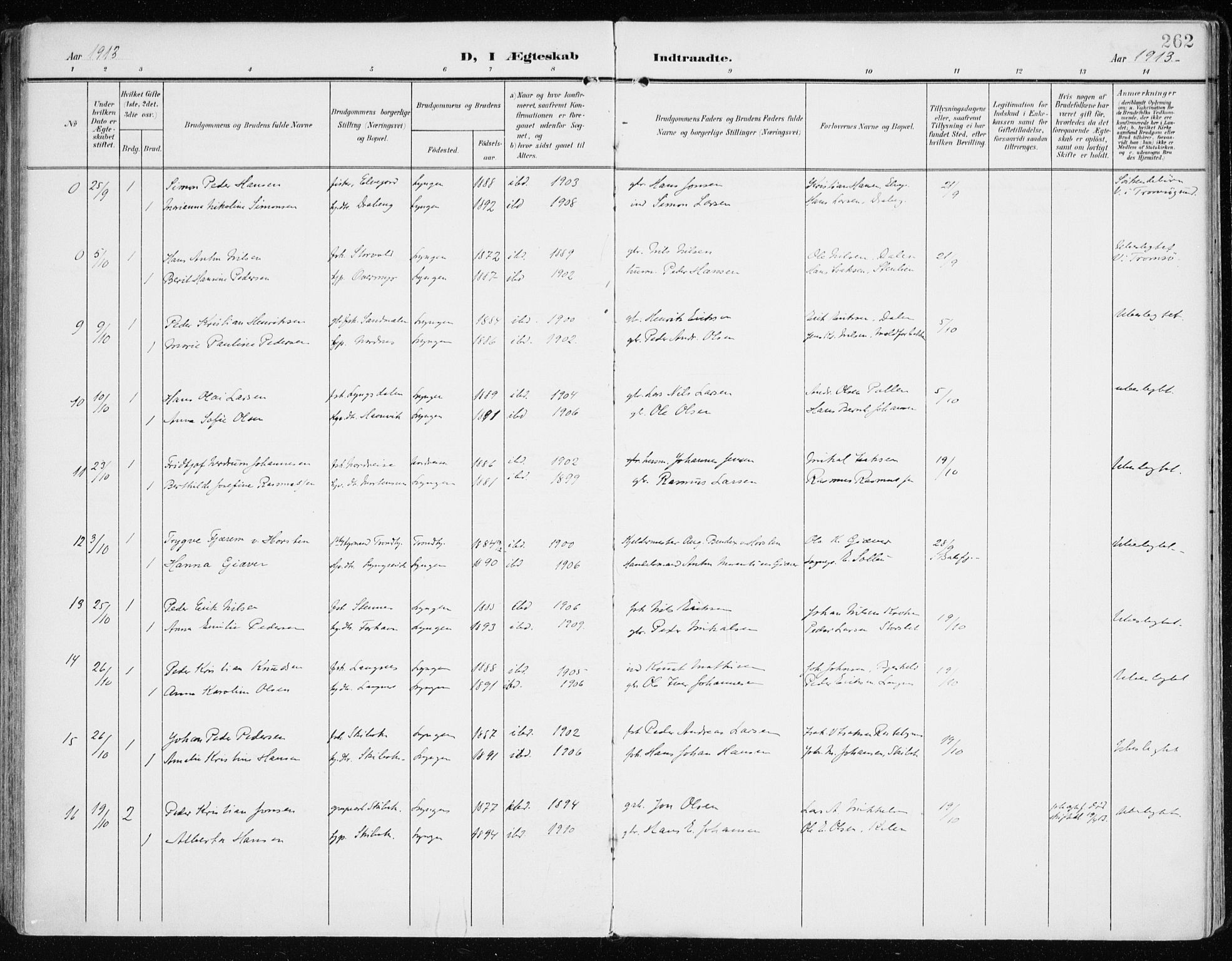 Lyngen sokneprestembete, AV/SATØ-S-1289/H/He/Hea/L0011kirke: Parish register (official) no. 11, 1903-1913, p. 262