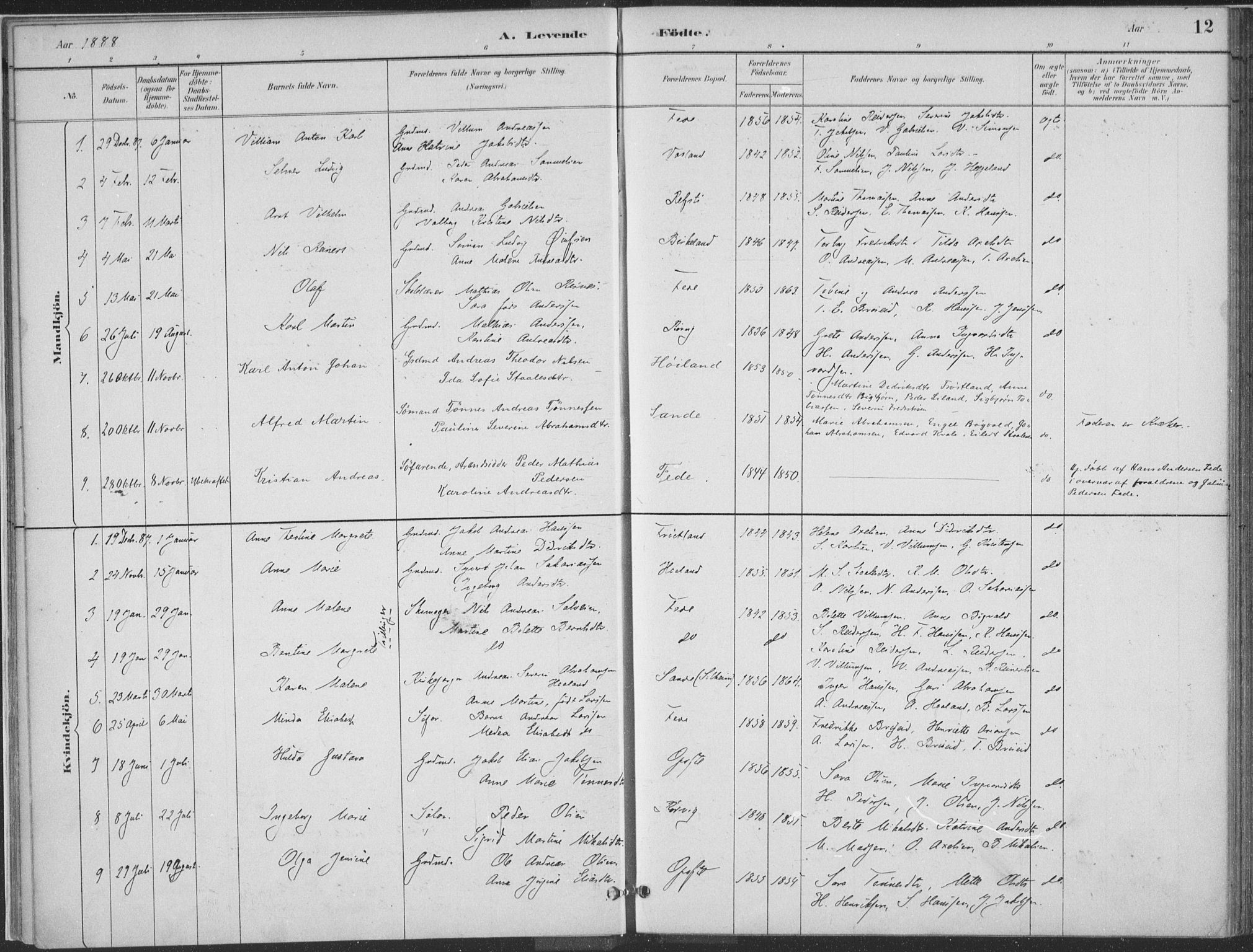 Kvinesdal sokneprestkontor, SAK/1111-0026/F/Fa/Faa/L0004: Parish register (official) no. A 4, 1882-1897, p. 12