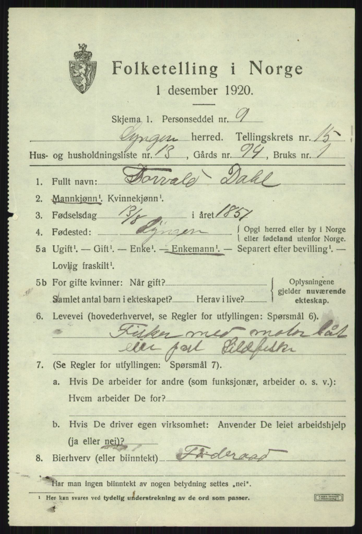 SATØ, 1920 census for Lyngen, 1920, p. 13013