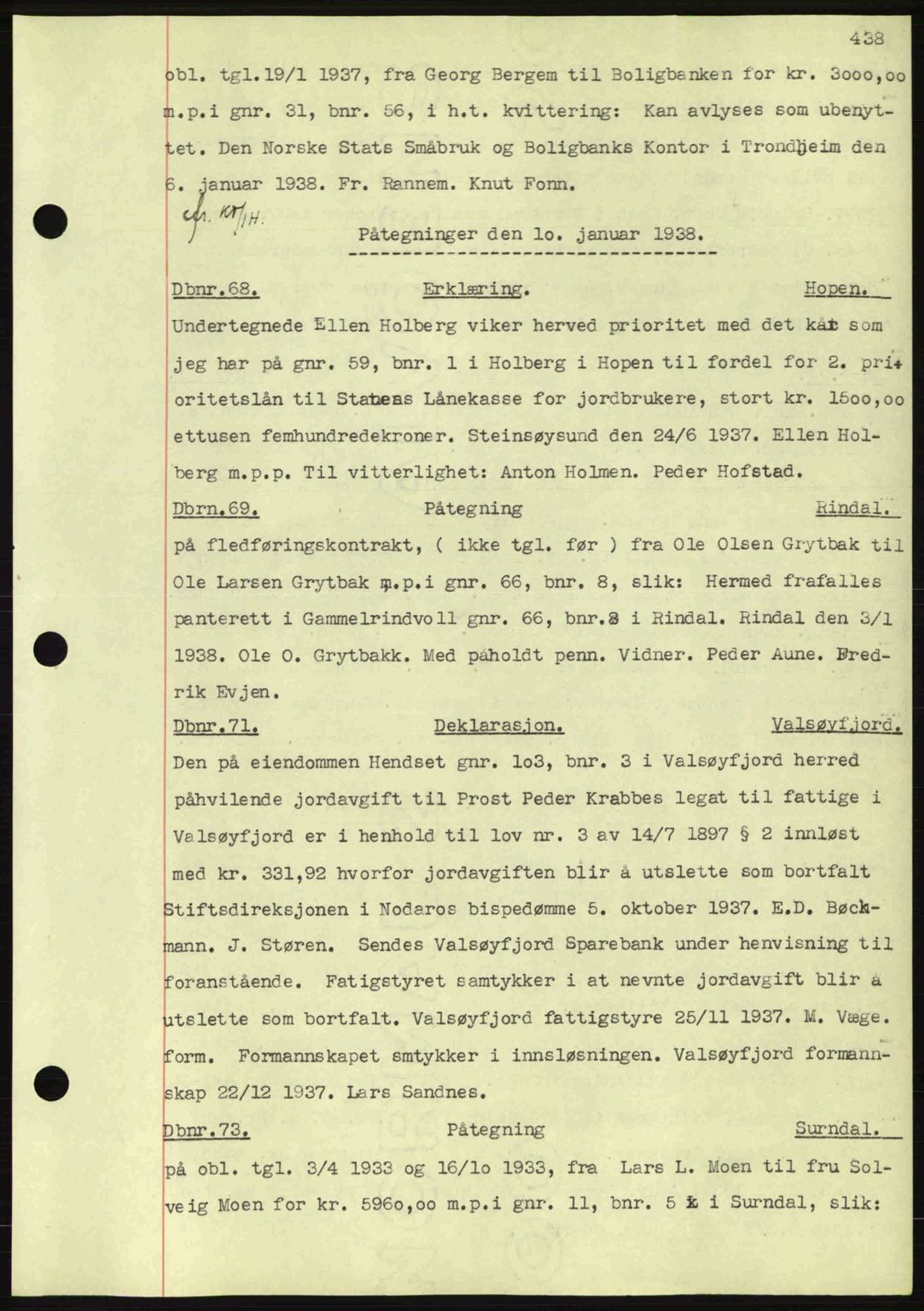 Nordmøre sorenskriveri, AV/SAT-A-4132/1/2/2Ca: Mortgage book no. C80, 1936-1939, Diary no: : 68/1938