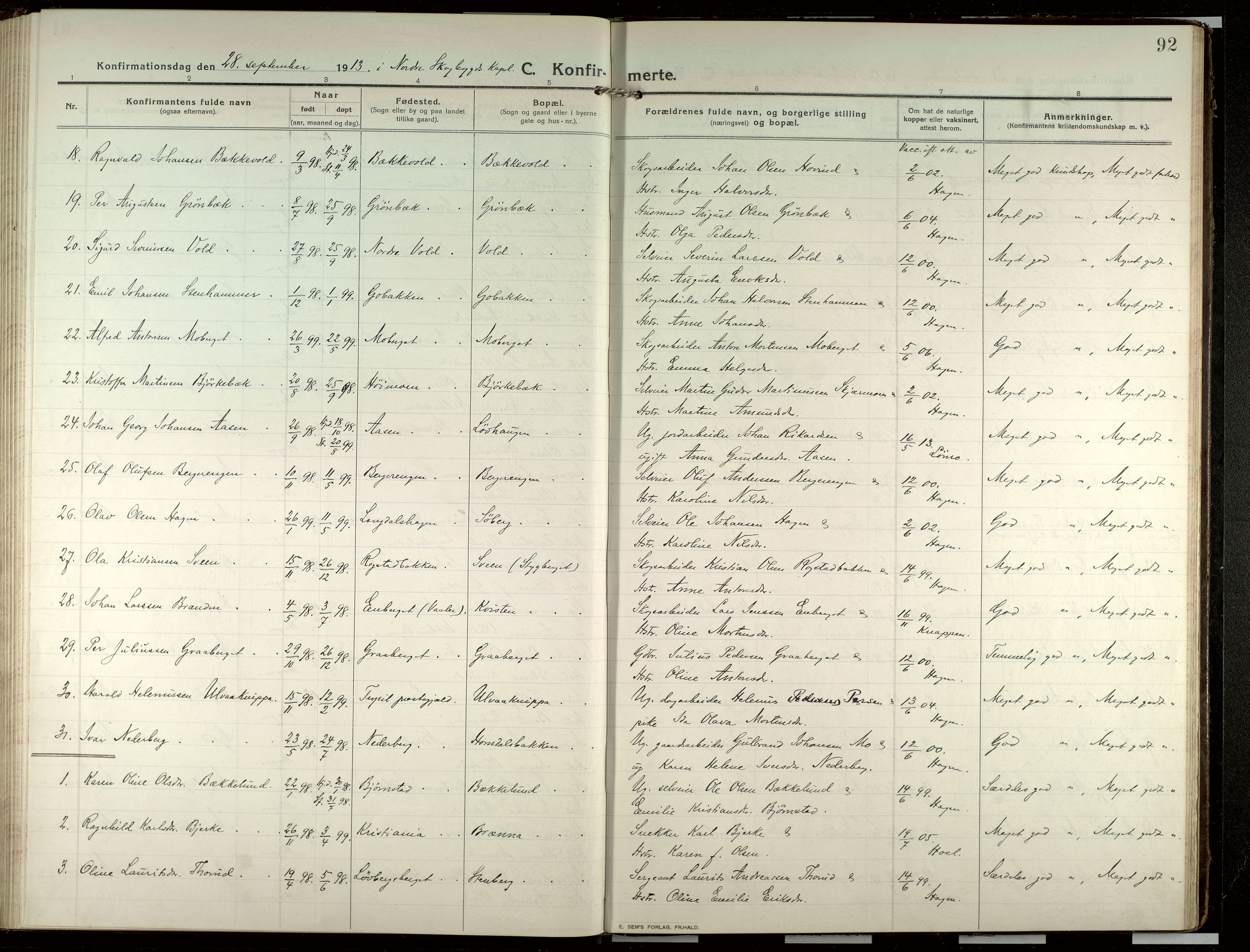 Elverum prestekontor, SAH/PREST-044/H/Ha/Haa/L0022: Parish register (official) no. 22, 1913-1924, p. 92