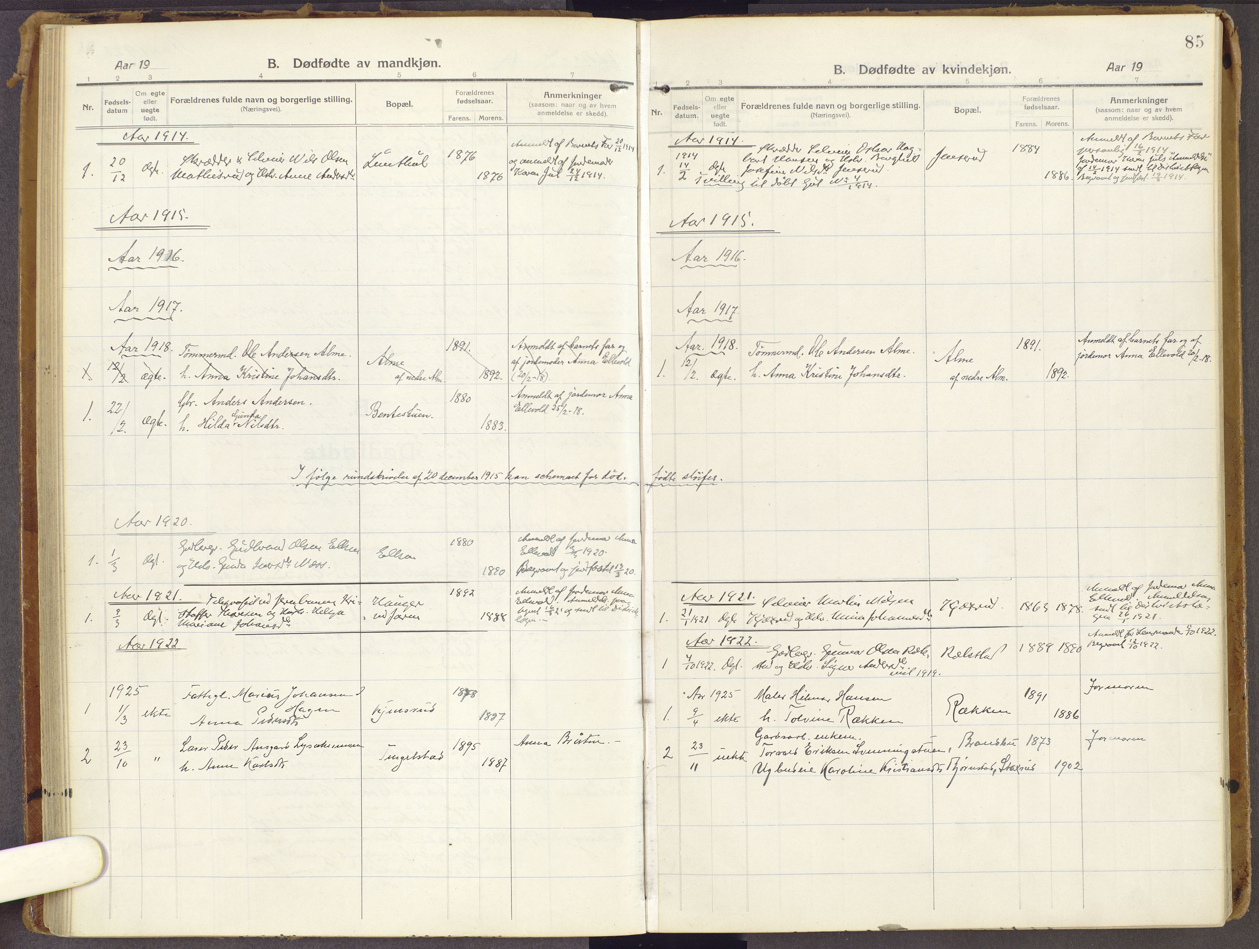 Brandbu prestekontor, SAH/PREST-114/H/Ha/Haa/L0003: Parish register (official) no. 3, 1914-1928, p. 85
