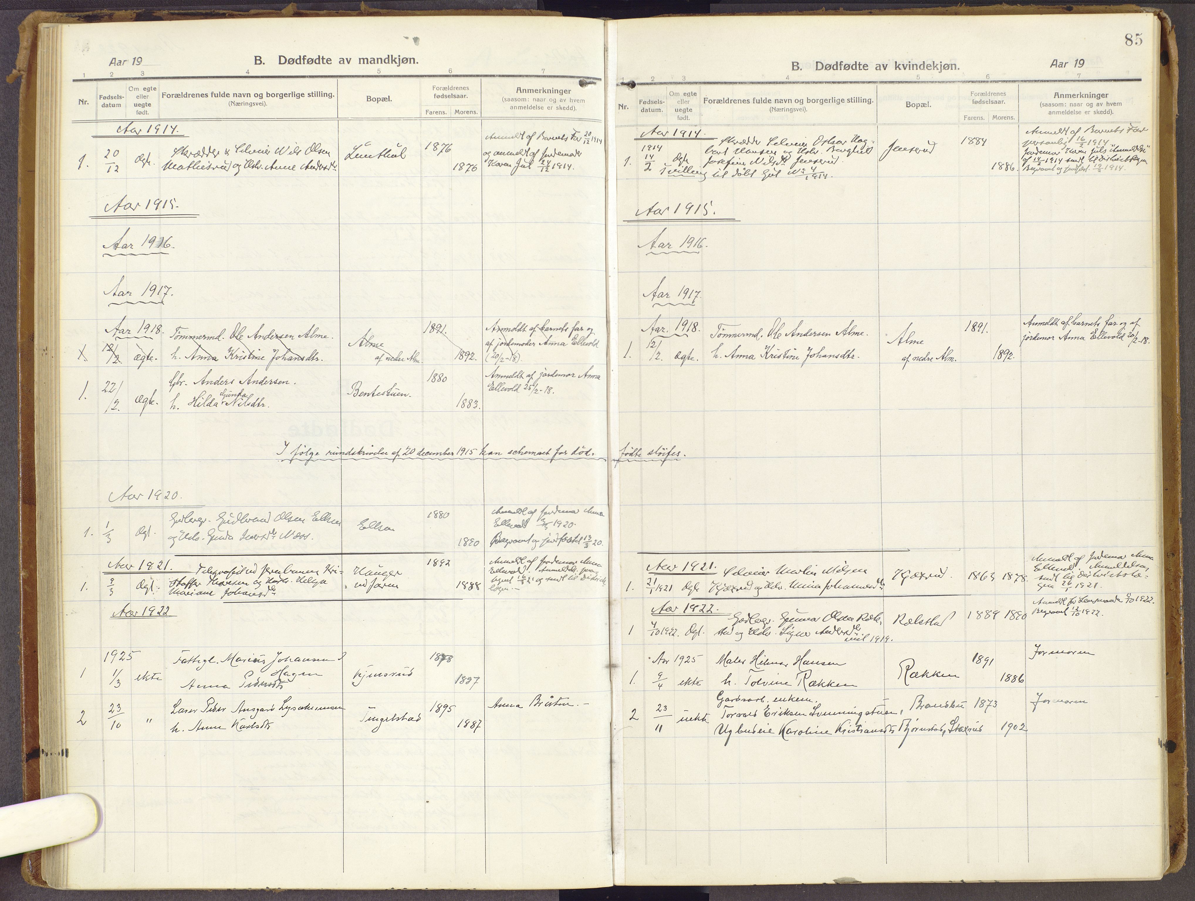 Brandbu prestekontor, AV/SAH-PREST-114/H/Ha/Haa/L0003: Parish register (official) no. 3, 1914-1928, p. 85