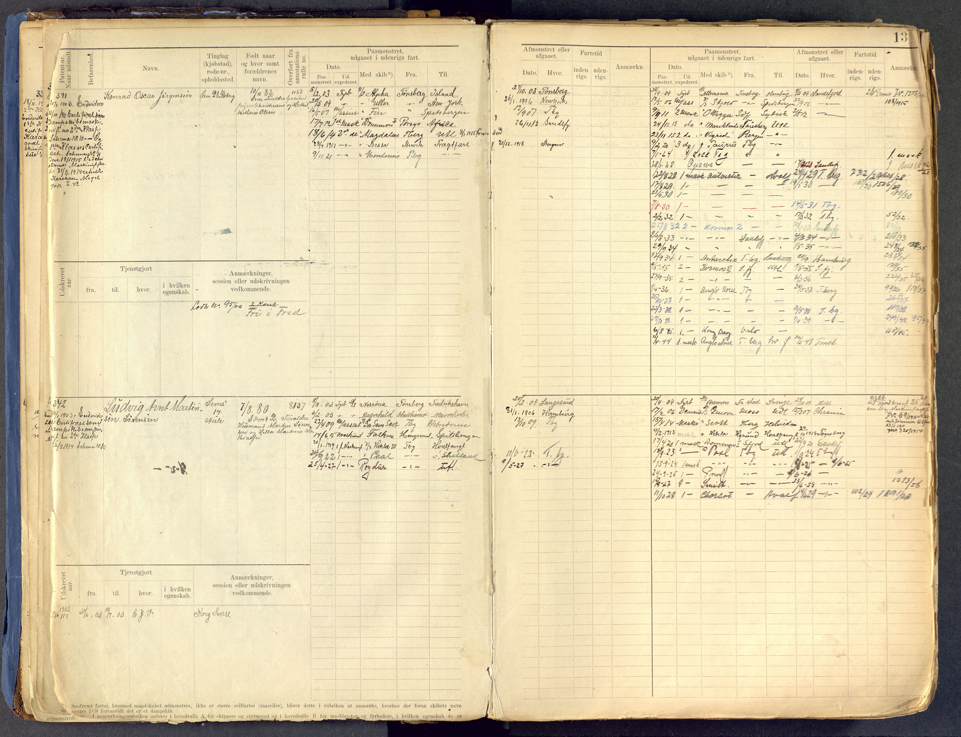 Tønsberg innrulleringskontor, AV/SAKO-A-786/F/Fe/L0002: Maskinist- og fyrbøterrulle Patent nr. 315-1110, 1902-1924, p. 13