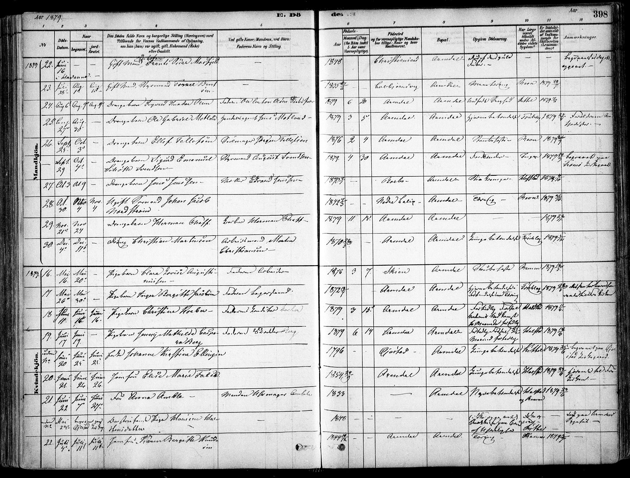 Arendal sokneprestkontor, Trefoldighet, AV/SAK-1111-0040/F/Fa/L0008: Parish register (official) no. A 8, 1878-1899, p. 398