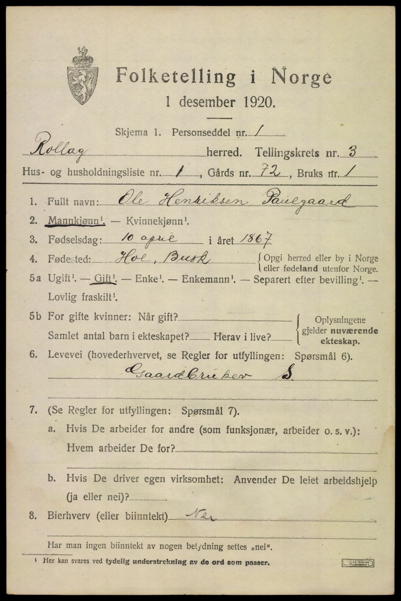 SAKO, 1920 census for Rollag, 1920, p. 1316