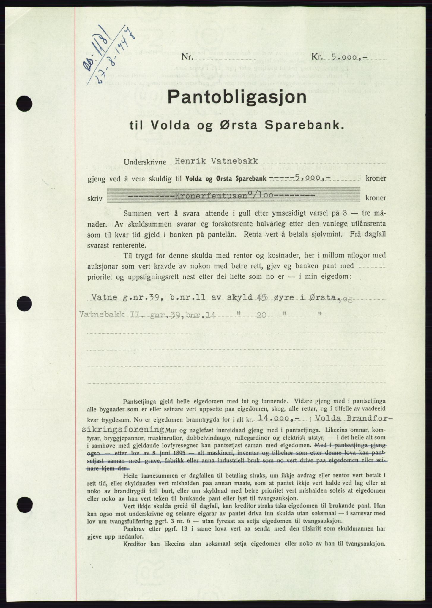 Søre Sunnmøre sorenskriveri, AV/SAT-A-4122/1/2/2C/L0115: Mortgage book no. 3B, 1947-1948, Diary no: : 1181/1947