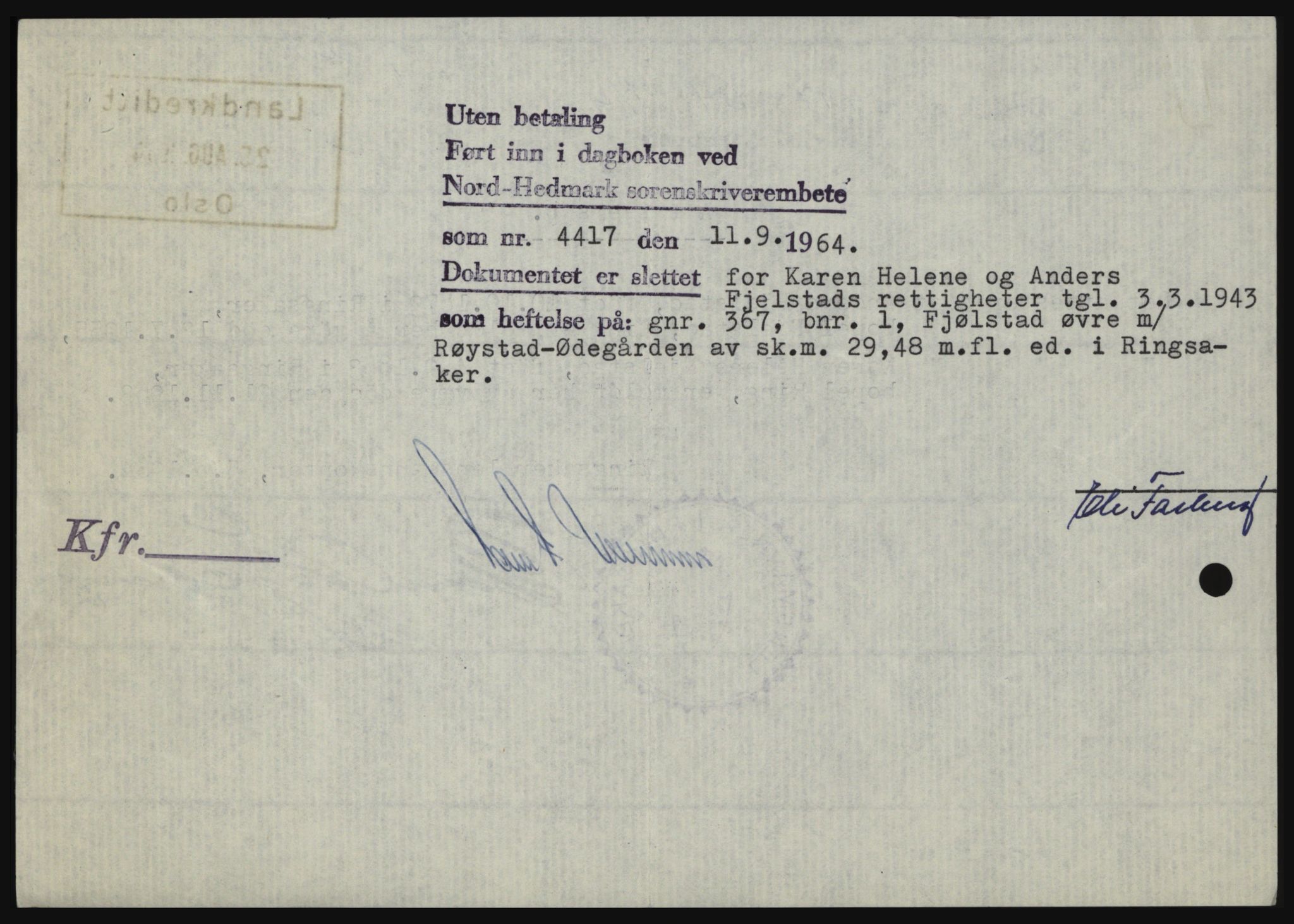 Nord-Hedmark sorenskriveri, SAH/TING-012/H/Hc/L0020: Mortgage book no. 20, 1964-1964, Diary no: : 4417/1964