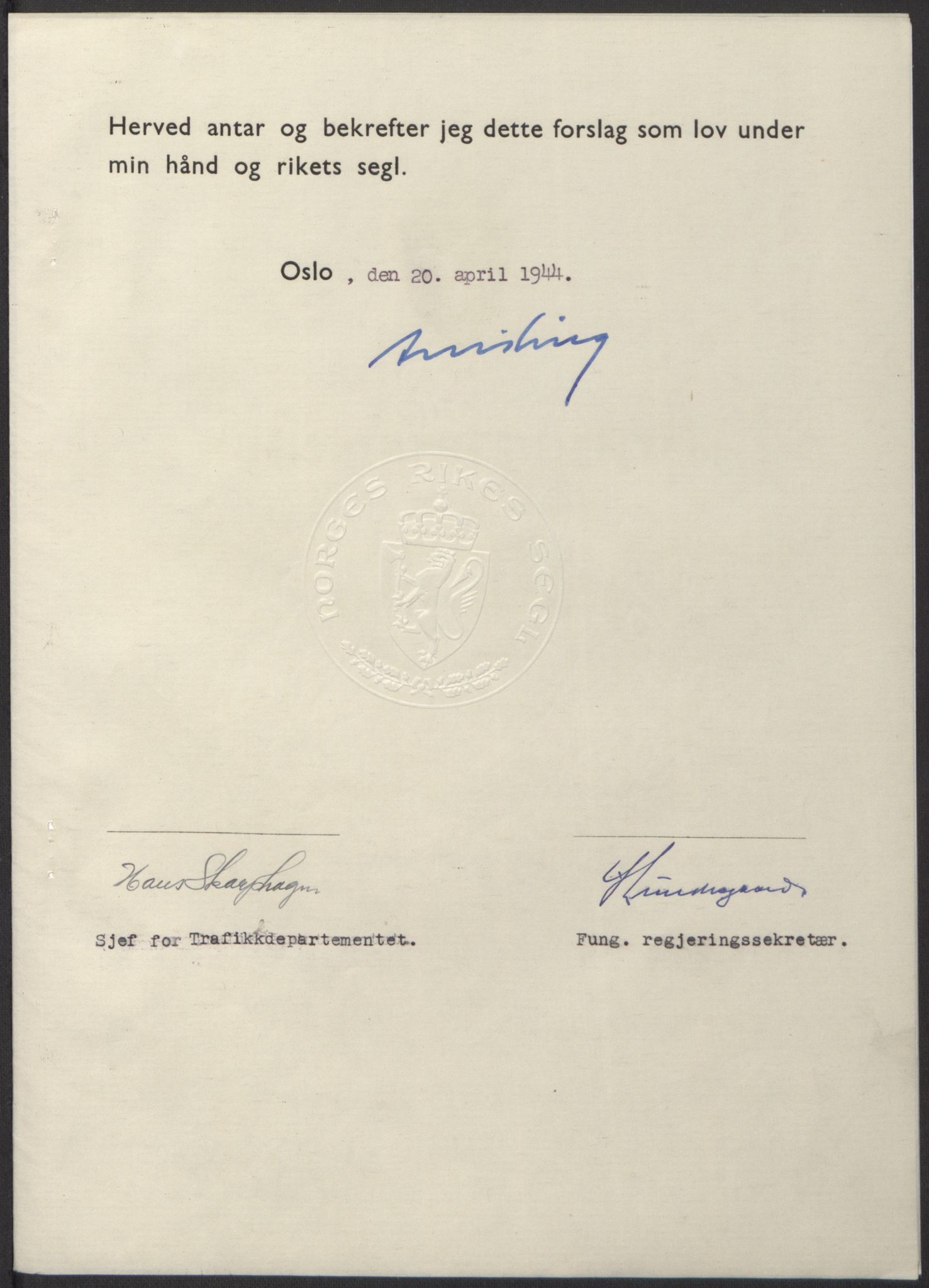 NS-administrasjonen 1940-1945 (Statsrådsekretariatet, de kommisariske statsråder mm), AV/RA-S-4279/D/Db/L0100: Lover, 1944, p. 184