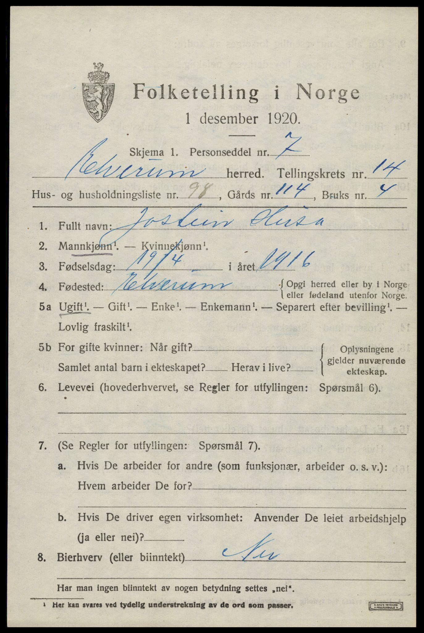 SAH, 1920 census for Elverum, 1920, p. 19244