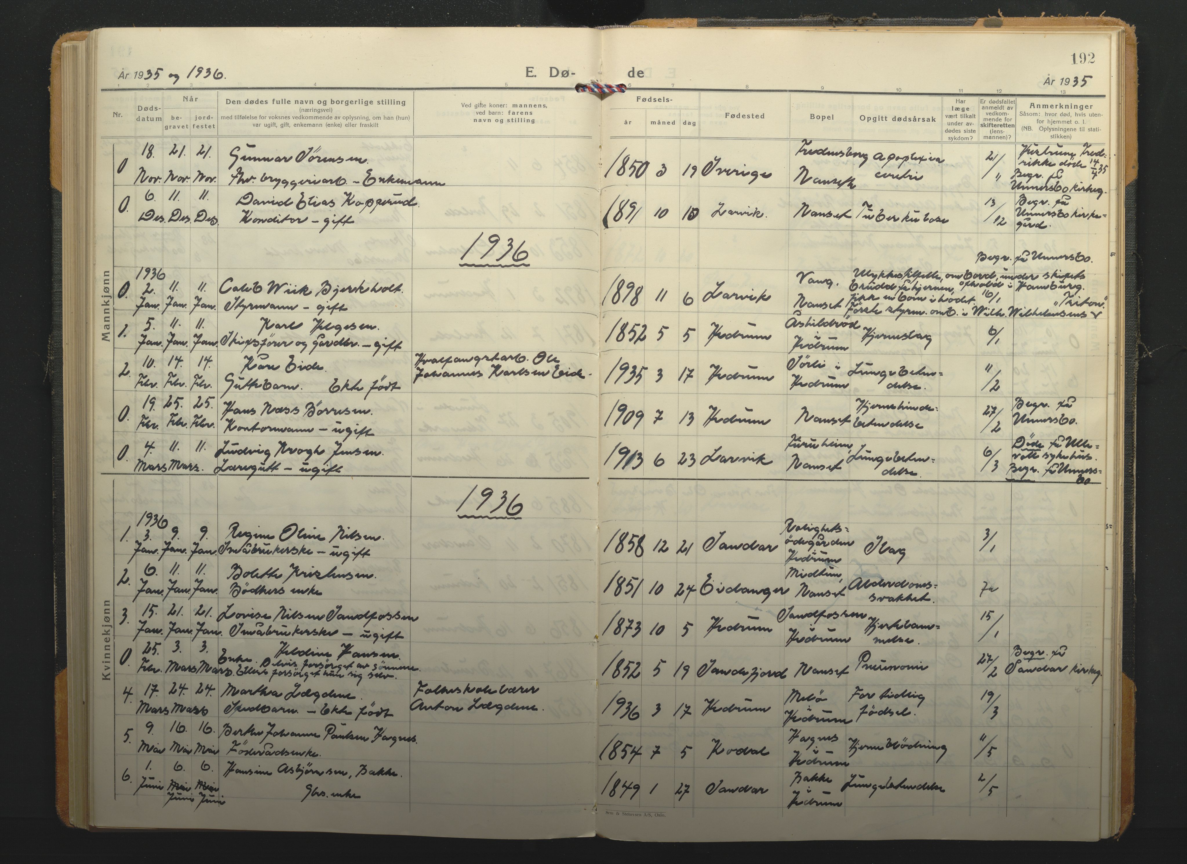 Hedrum kirkebøker, SAKO/A-344/F/Fa/L0012: Parish register (official) no. I 12, 1934-1941, p. 192