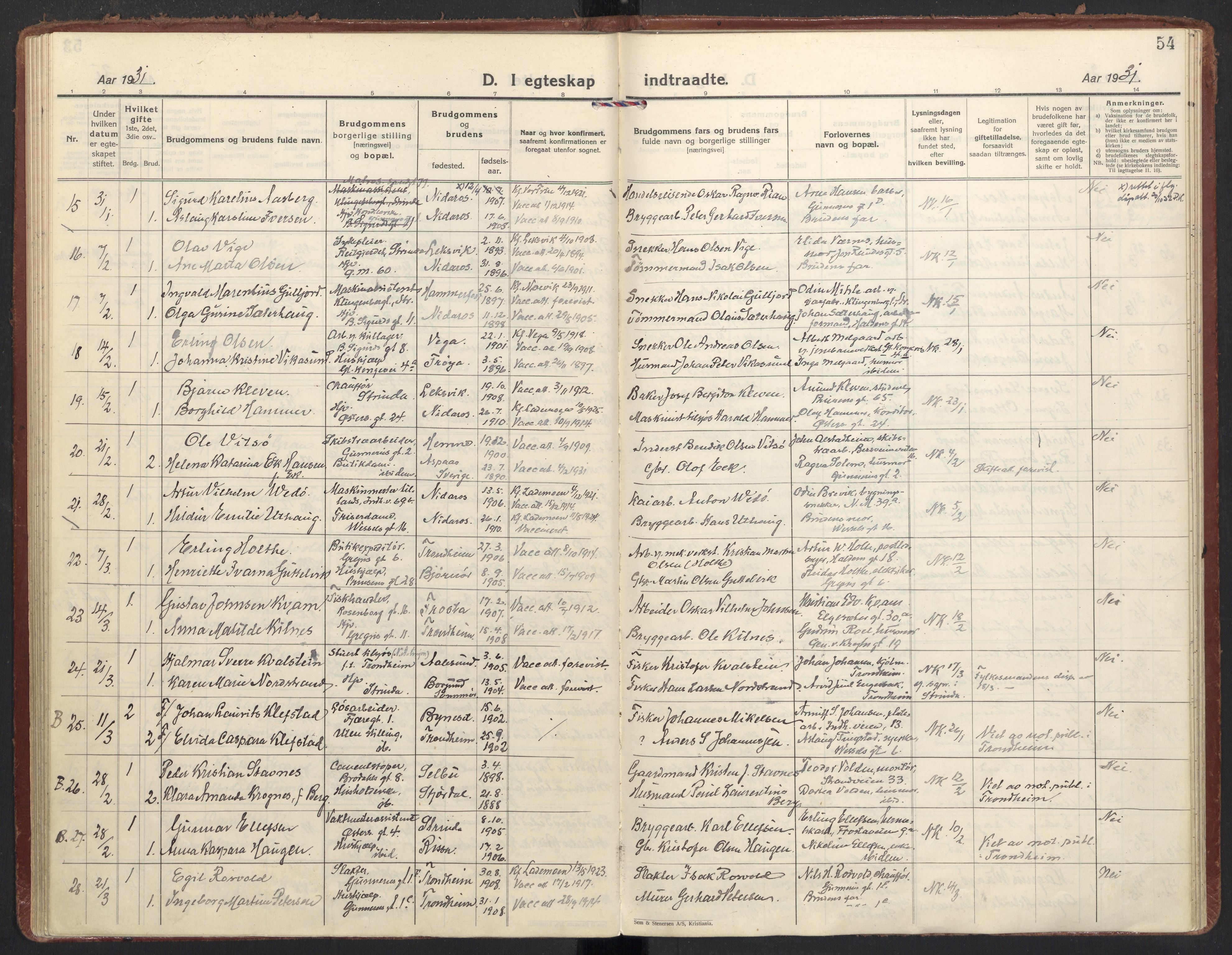 Ministerialprotokoller, klokkerbøker og fødselsregistre - Sør-Trøndelag, SAT/A-1456/605/L0249: Parish register (official) no. 605A11, 1925-1936, p. 54