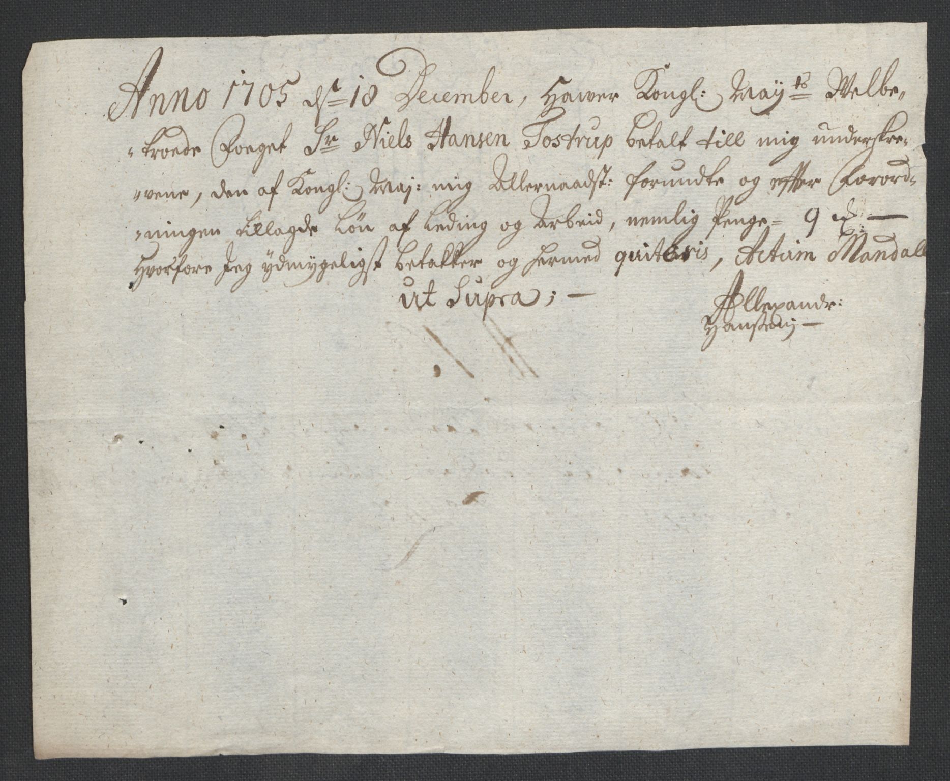 Rentekammeret inntil 1814, Reviderte regnskaper, Fogderegnskap, AV/RA-EA-4092/R43/L2551: Fogderegnskap Lista og Mandal, 1705-1709, p. 113