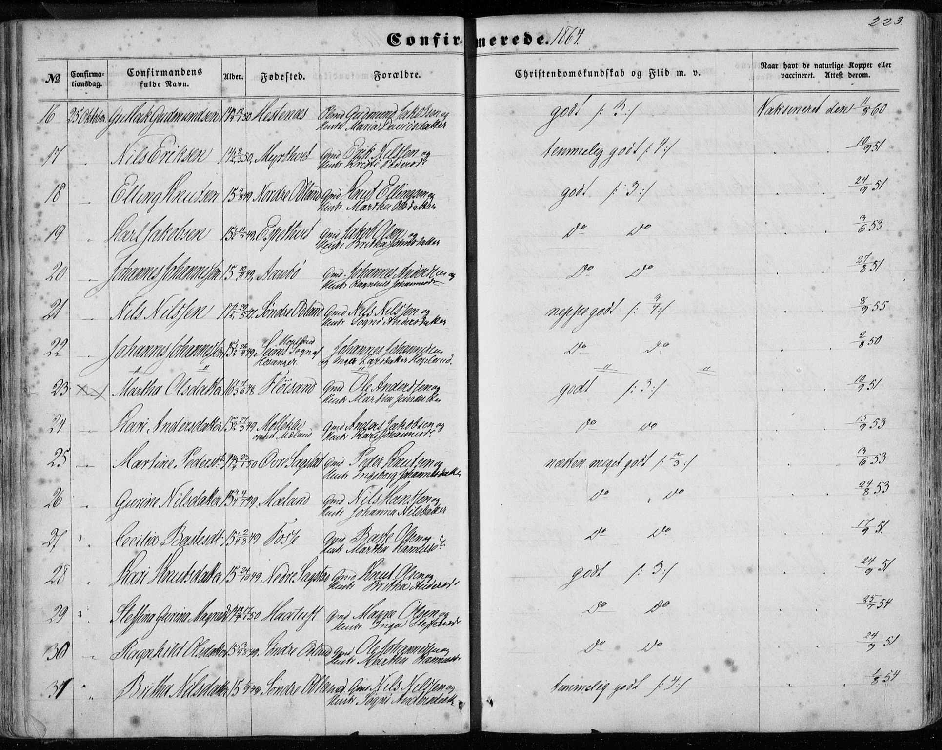 Hamre sokneprestembete, AV/SAB-A-75501/H/Ha/Haa/Haaa/L0014: Parish register (official) no. A 14, 1858-1872, p. 223