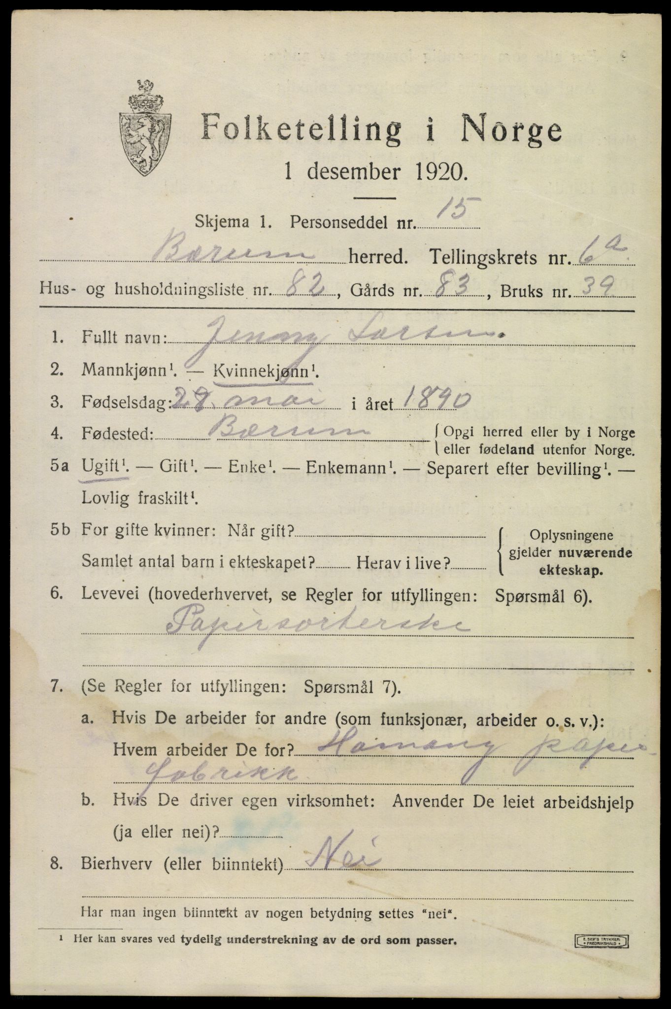 SAO, 1920 census for Bærum, 1920, p. 13990