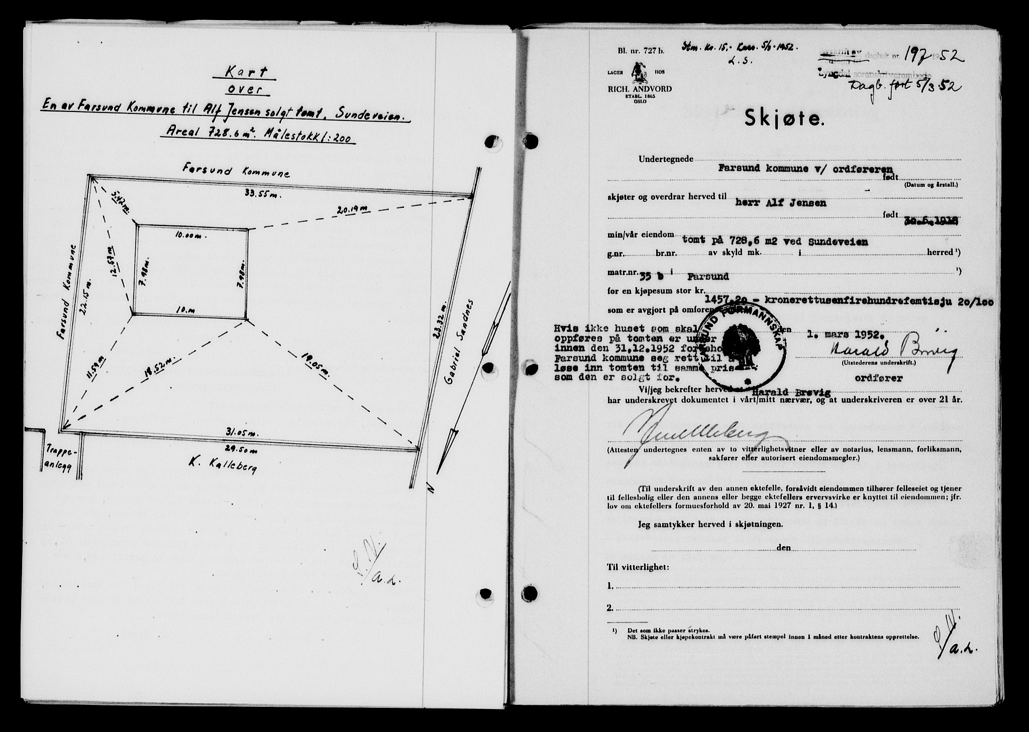 Lyngdal sorenskriveri, AV/SAK-1221-0004/G/Gb/L0667: Mortgage book no. A XIII, 1951-1952, Diary no: : 197/1952