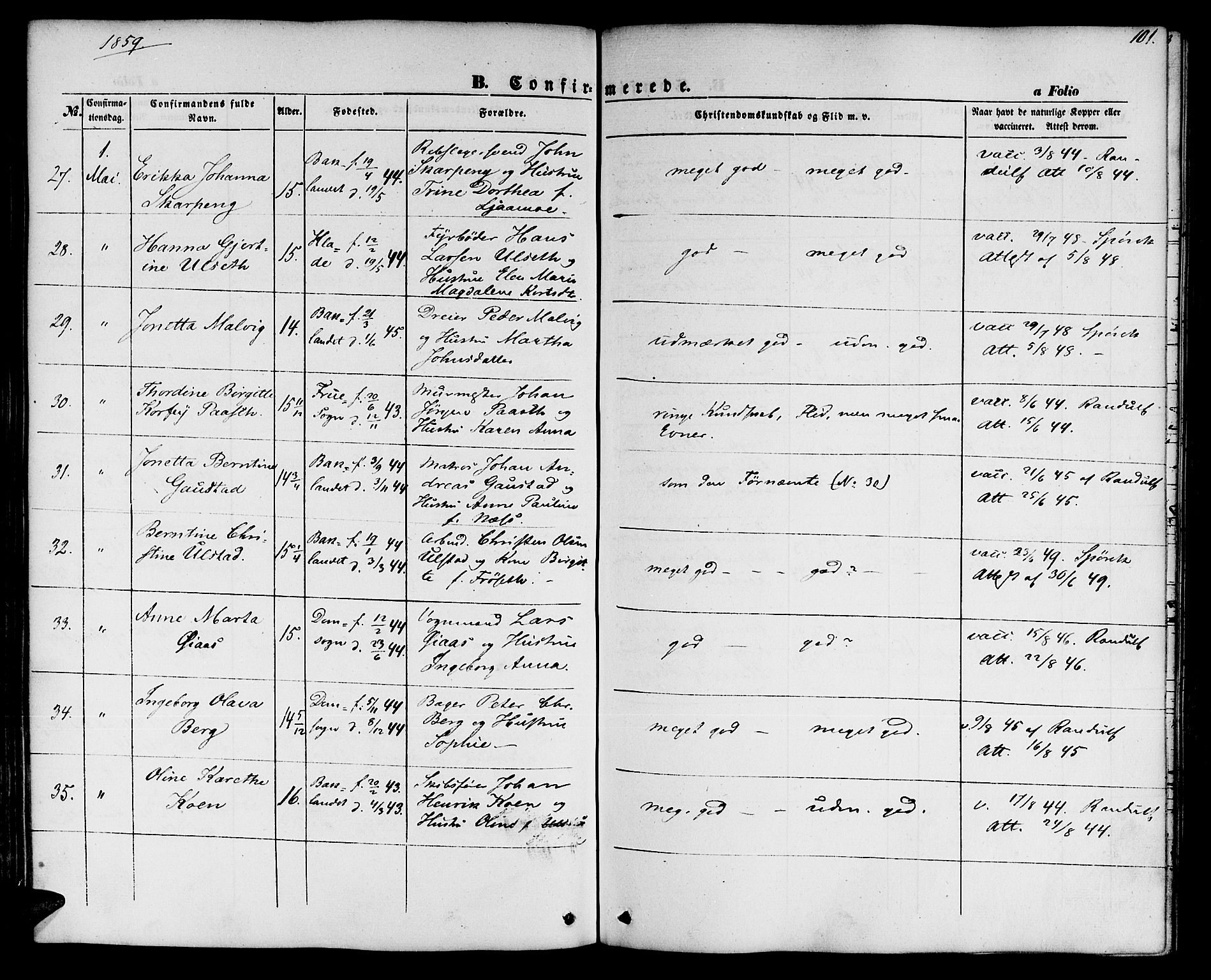 Ministerialprotokoller, klokkerbøker og fødselsregistre - Sør-Trøndelag, AV/SAT-A-1456/604/L0184: Parish register (official) no. 604A05, 1851-1860, p. 101