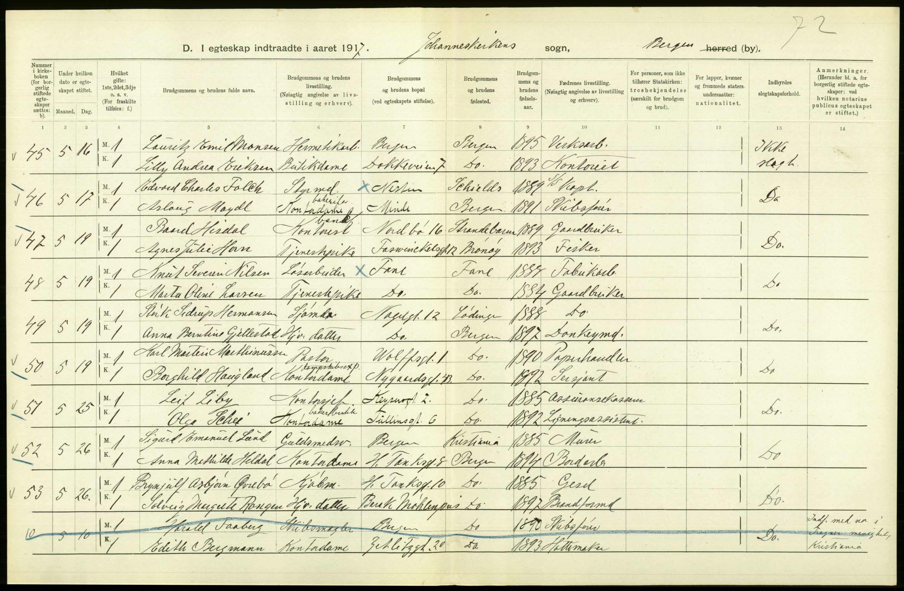 Statistisk sentralbyrå, Sosiodemografiske emner, Befolkning, AV/RA-S-2228/D/Df/Dfb/Dfbg/L0038: Bergen: Gifte, døde, dødfødte., 1917, p. 92