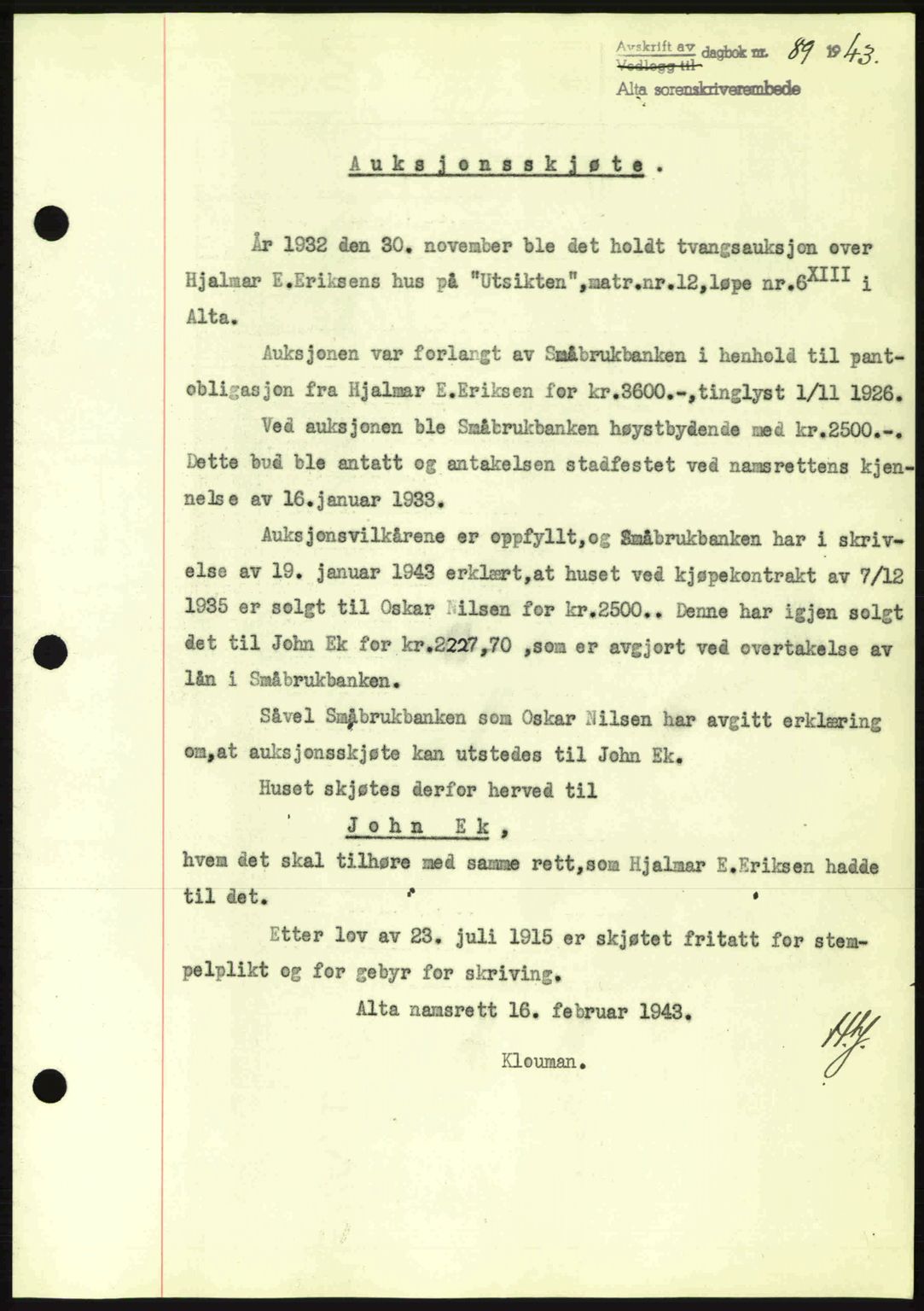 Alta fogderi/sorenskriveri, SATØ/SATØ-5/1/K/Kd/L0033pantebok: Mortgage book no. 33, 1940-1943, Diary no: : 89/1943