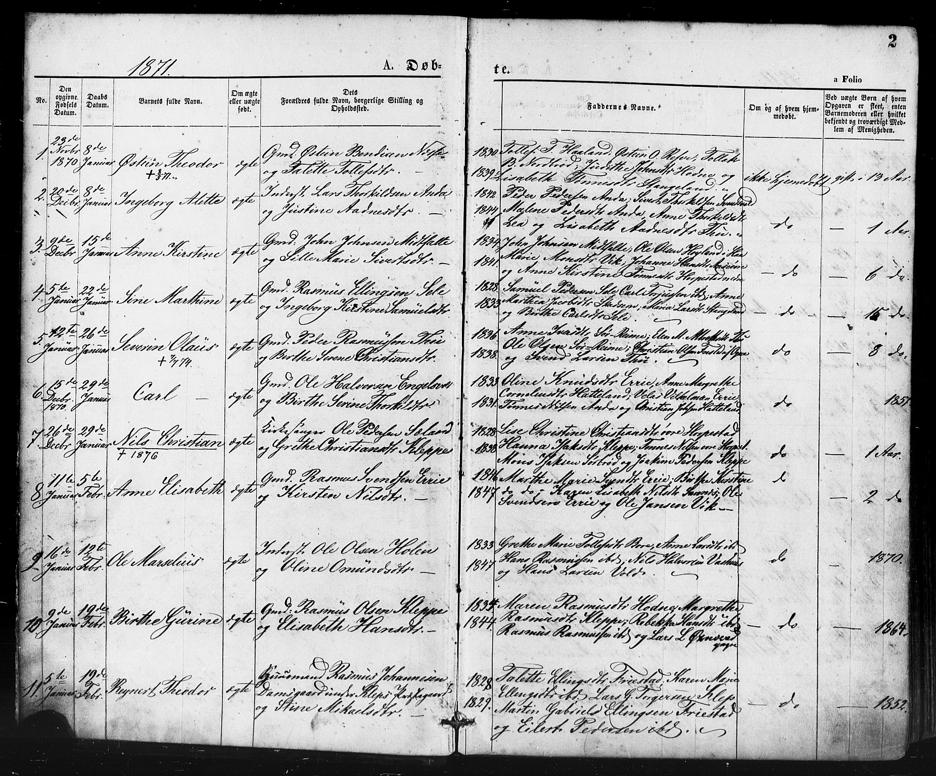 Klepp sokneprestkontor, SAST/A-101803/001/3/30BA/L0006: Parish register (official) no. A 6, 1871-1885, p. 2