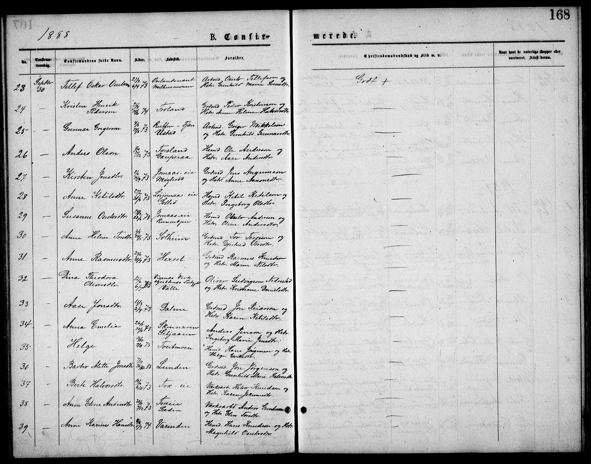 Froland sokneprestkontor, AV/SAK-1111-0013/F/Fb/L0009: Parish register (copy) no. B 9, 1875-1893, p. 168