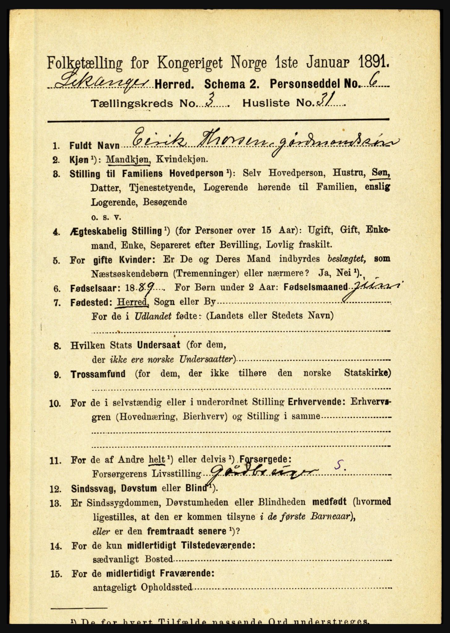 RA, 1891 census for 1419 Leikanger, 1891, p. 519