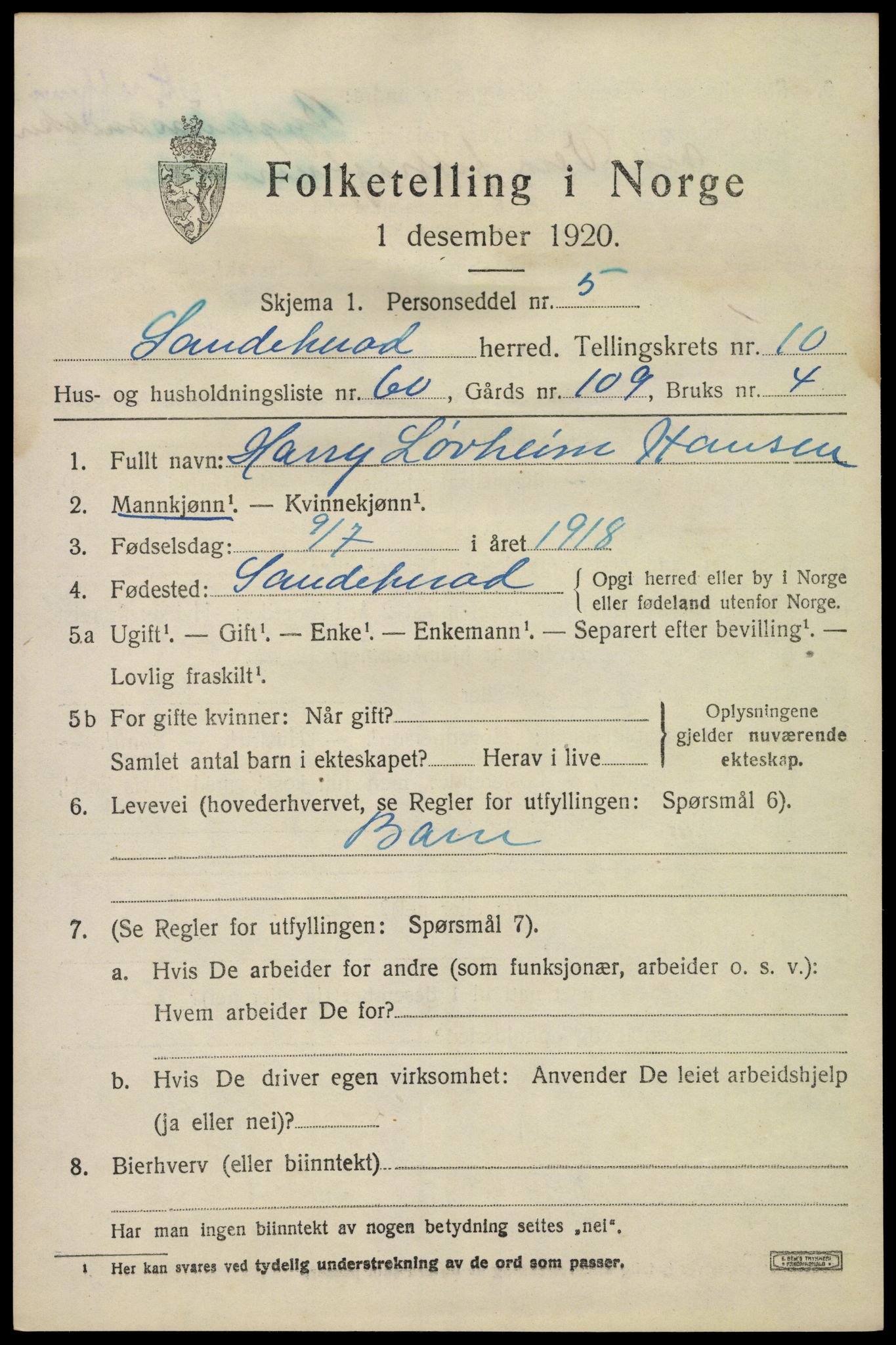SAKO, 1920 census for Sandeherred, 1920, p. 15278
