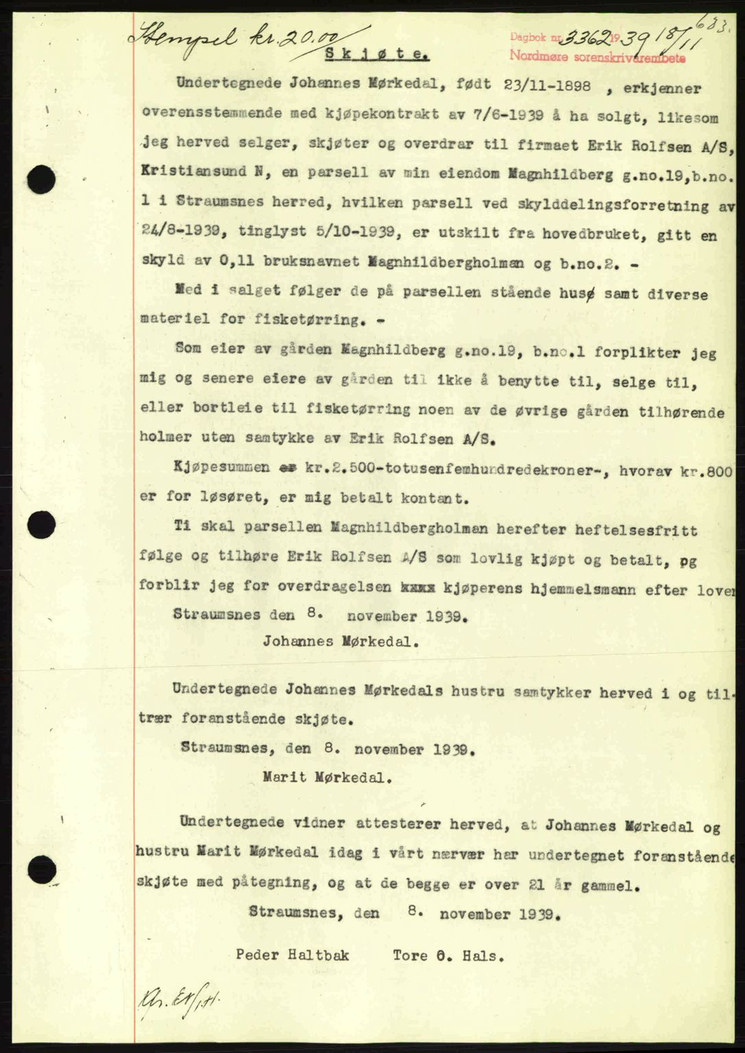 Nordmøre sorenskriveri, AV/SAT-A-4132/1/2/2Ca: Mortgage book no. A87, 1939-1940, Diary no: : 3362/1939