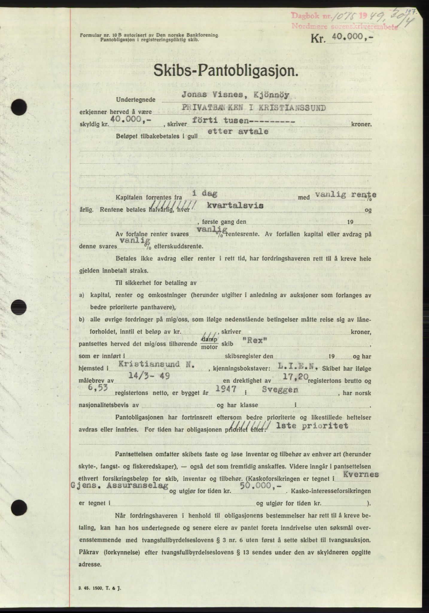 Nordmøre sorenskriveri, AV/SAT-A-4132/1/2/2Ca: Mortgage book no. B101, 1949-1949, Diary no: : 1075/1949