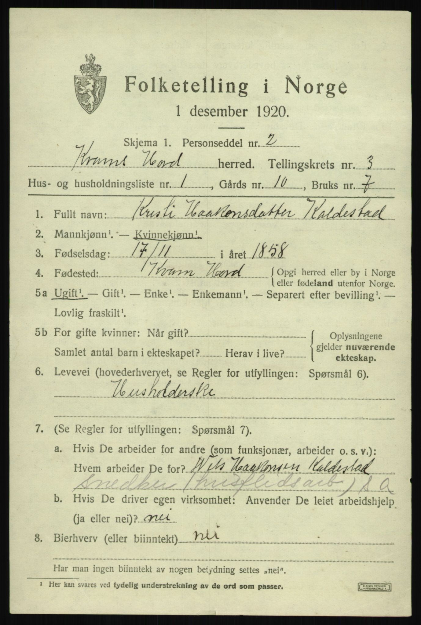 SAB, 1920 census for Kvam, 1920, p. 2519